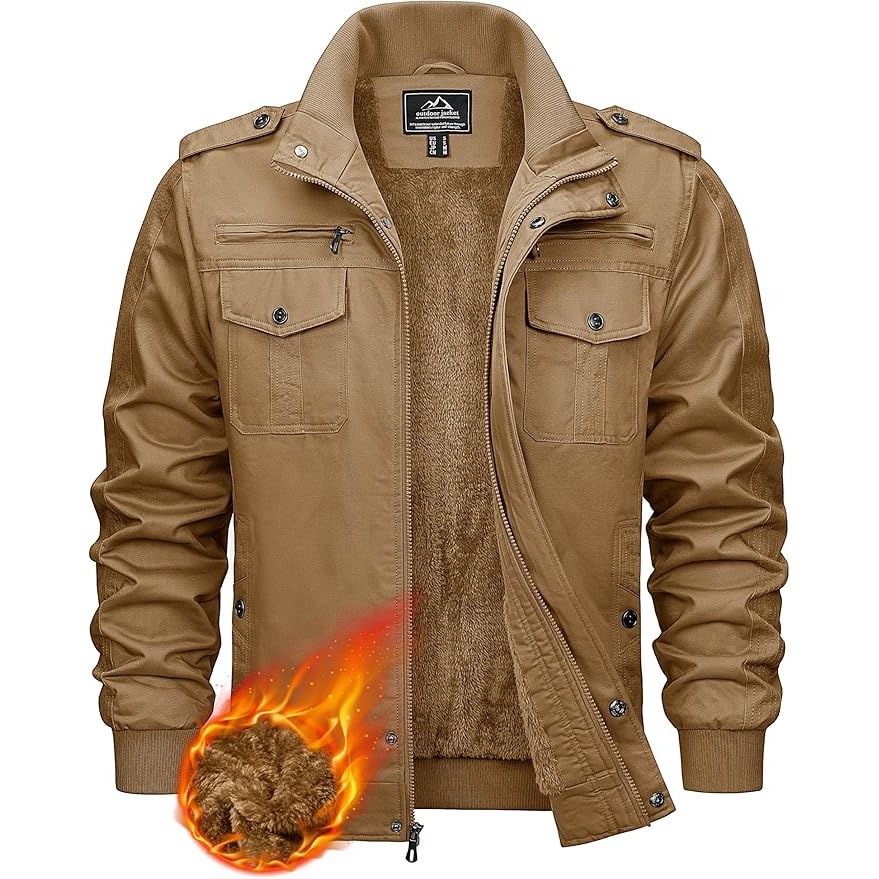 KEFITEVD Men's Military Bomber Jacket | Cotton Thermal Cargo Windbreaker