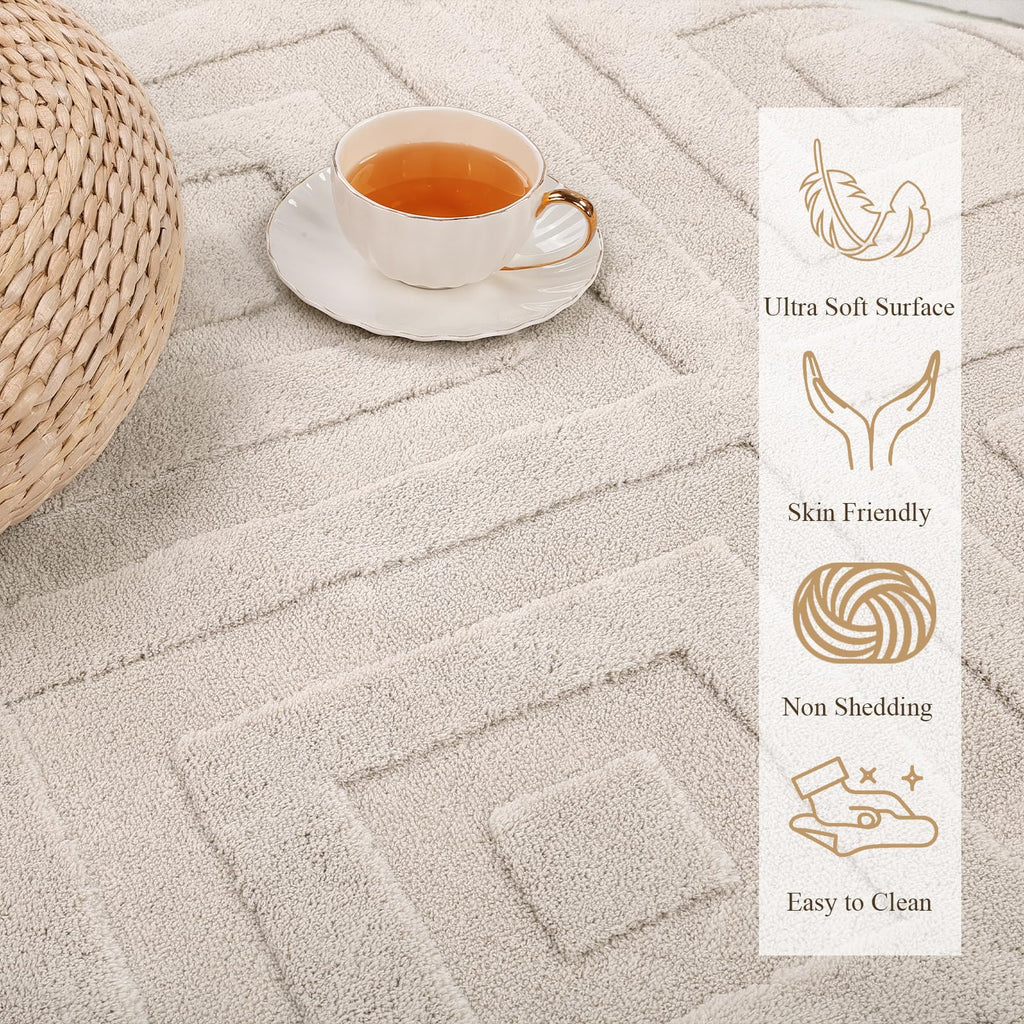 Enyhom Machine Washable Geometric Area Rug | Non-Slip Cream Carpet