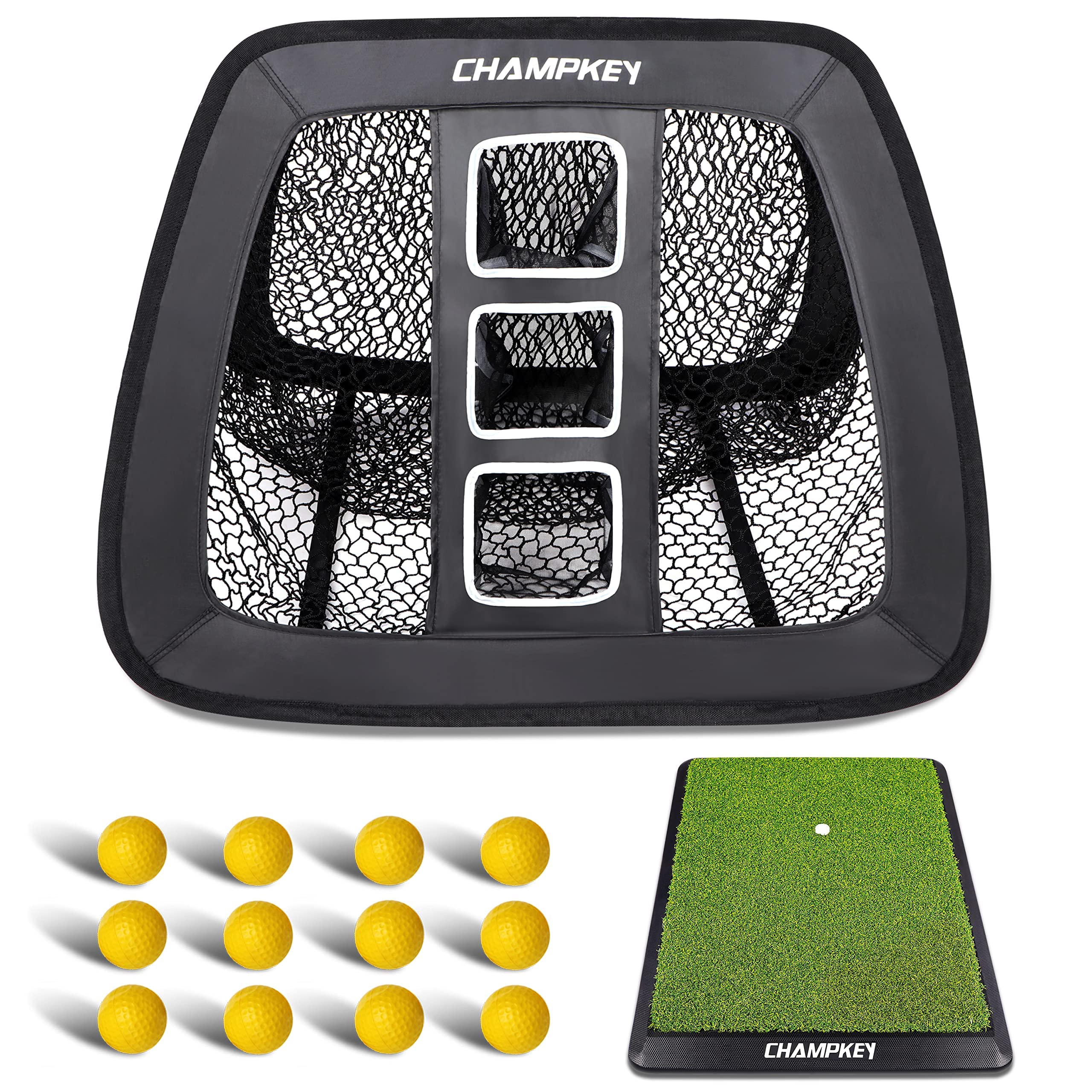 CHAMPKEY Double Sided Golf Chipping Net with Hitting Mat & 12 Balls