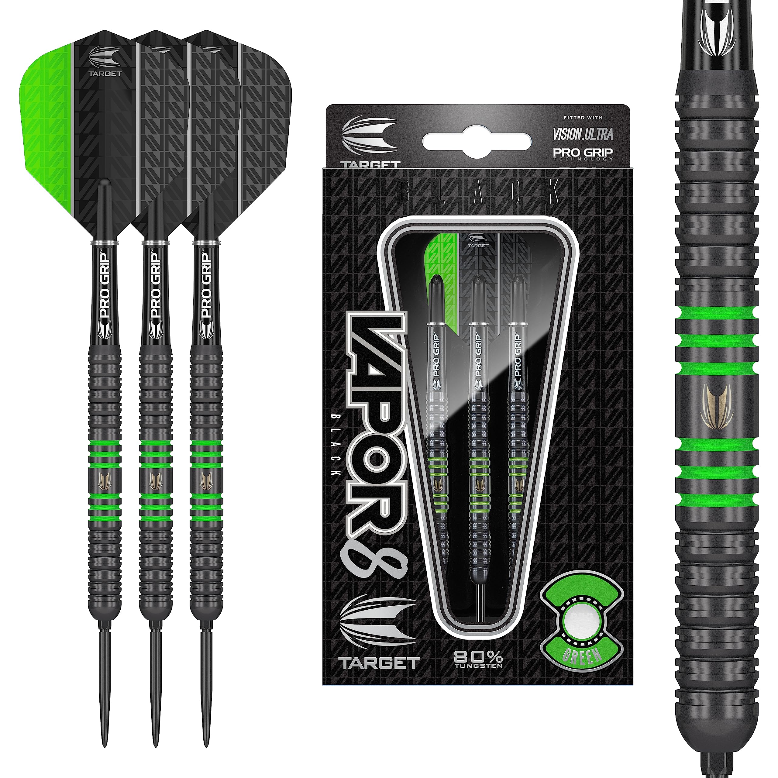 Target Darts Vapor 8 Black 80% Tungsten Steel Tip Darts Set – 21g Green