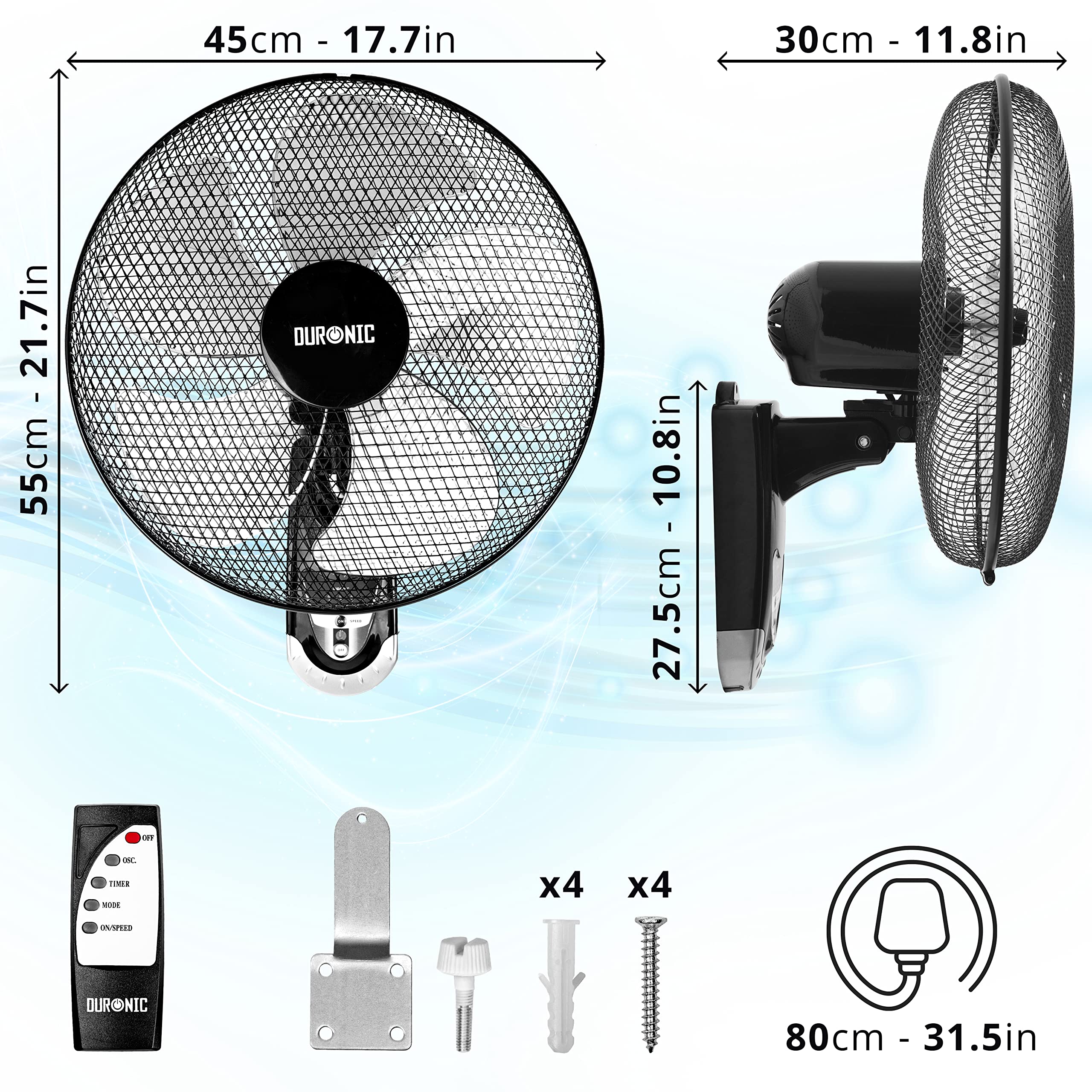 Duronic FN55 Wall Mounted Fan | 16 Inch Oscillating Fan with Remote Control