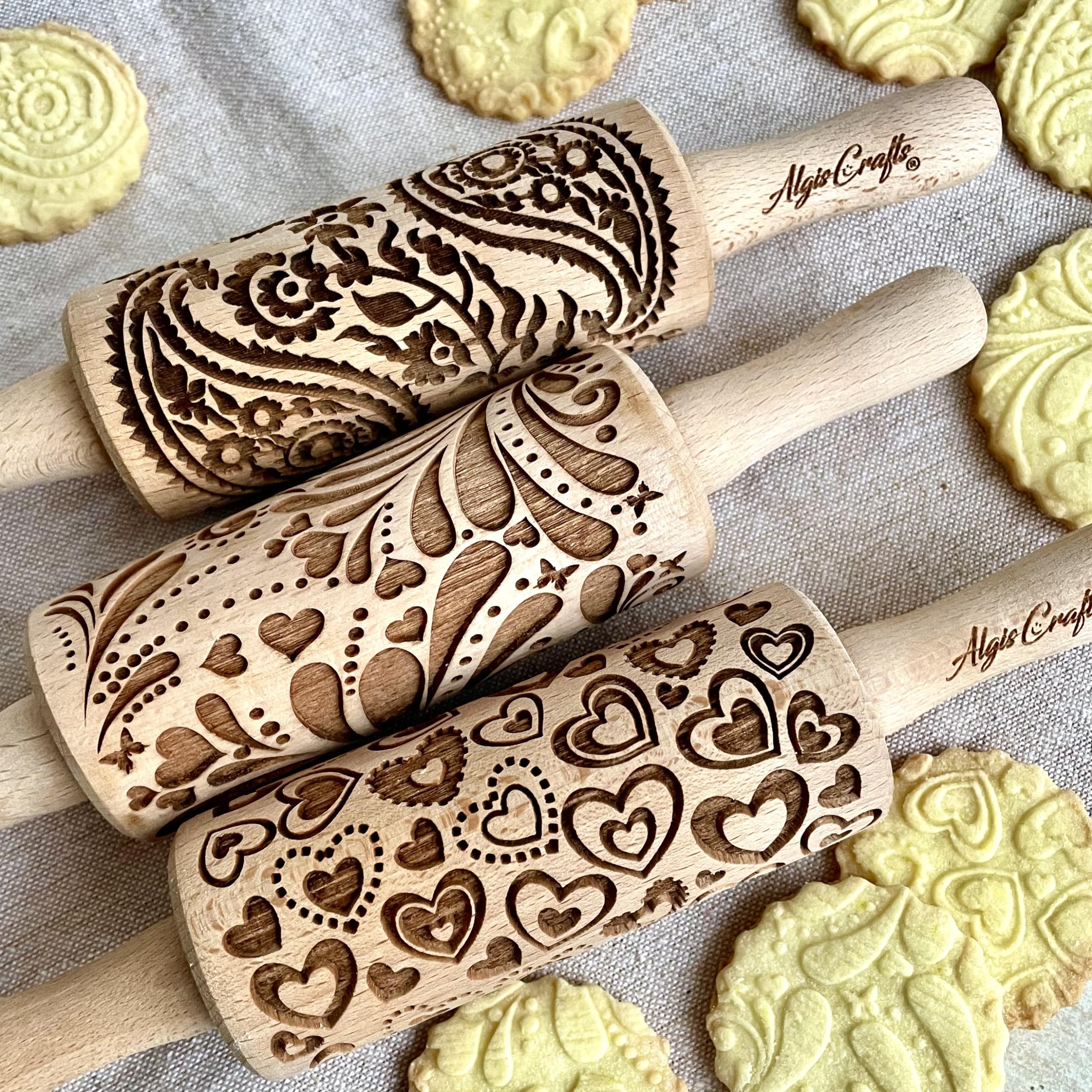 Algis Crafts Kids 3-Piece Mini Embossed Rolling Pin Set - Beech Wood
