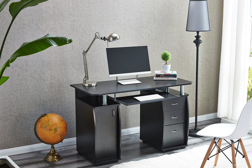 RayGar Black Deluxe Design Computer Desk With Cabinet and 3 Drawers For Home Office Table Workstation - New Black