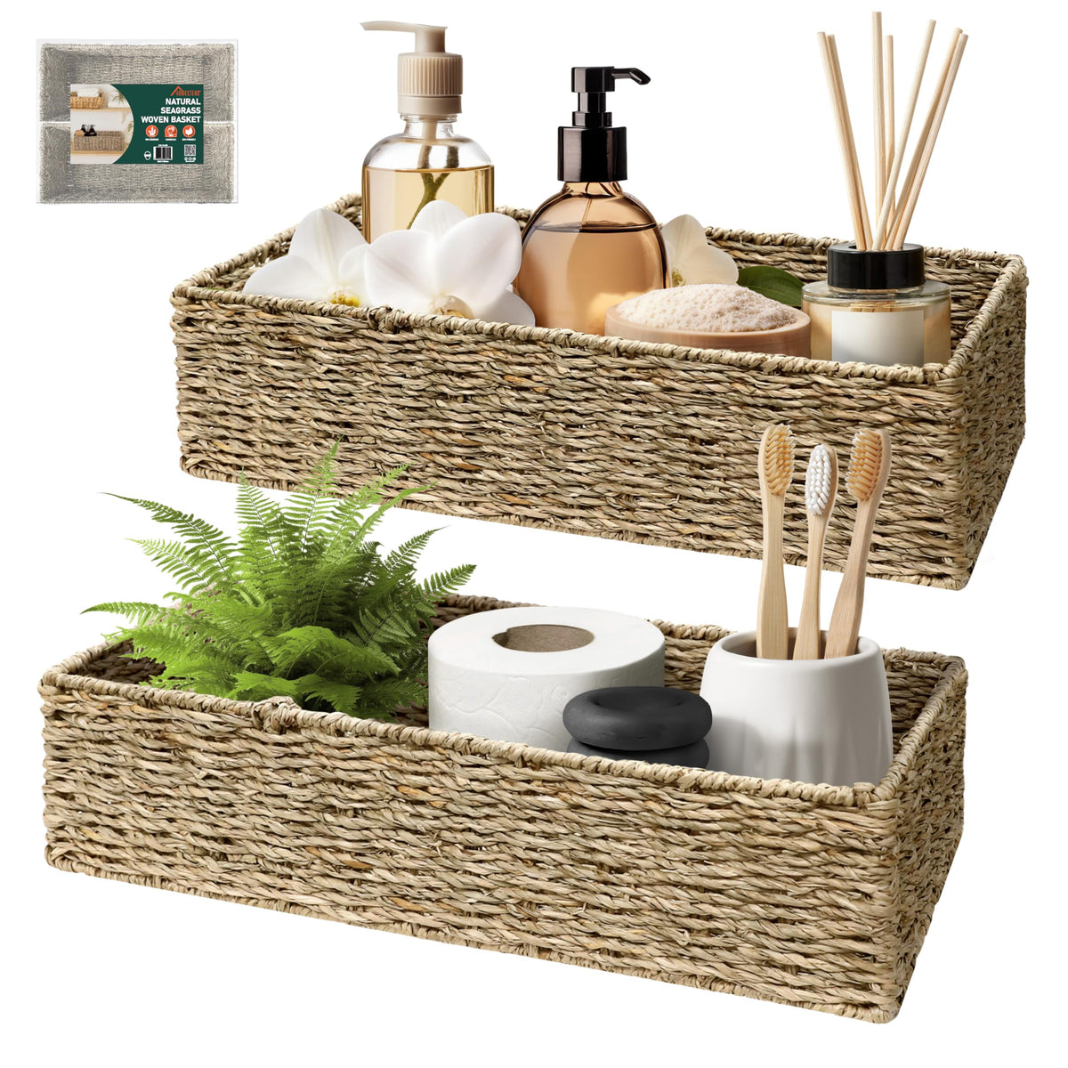 HOMESTEAD Seagrass Storage Baskets, Long Narrow Rectangular Wicker Baskets for Bedroom, Living Room, Bathroom, Shelves - Set of 2 - image 1