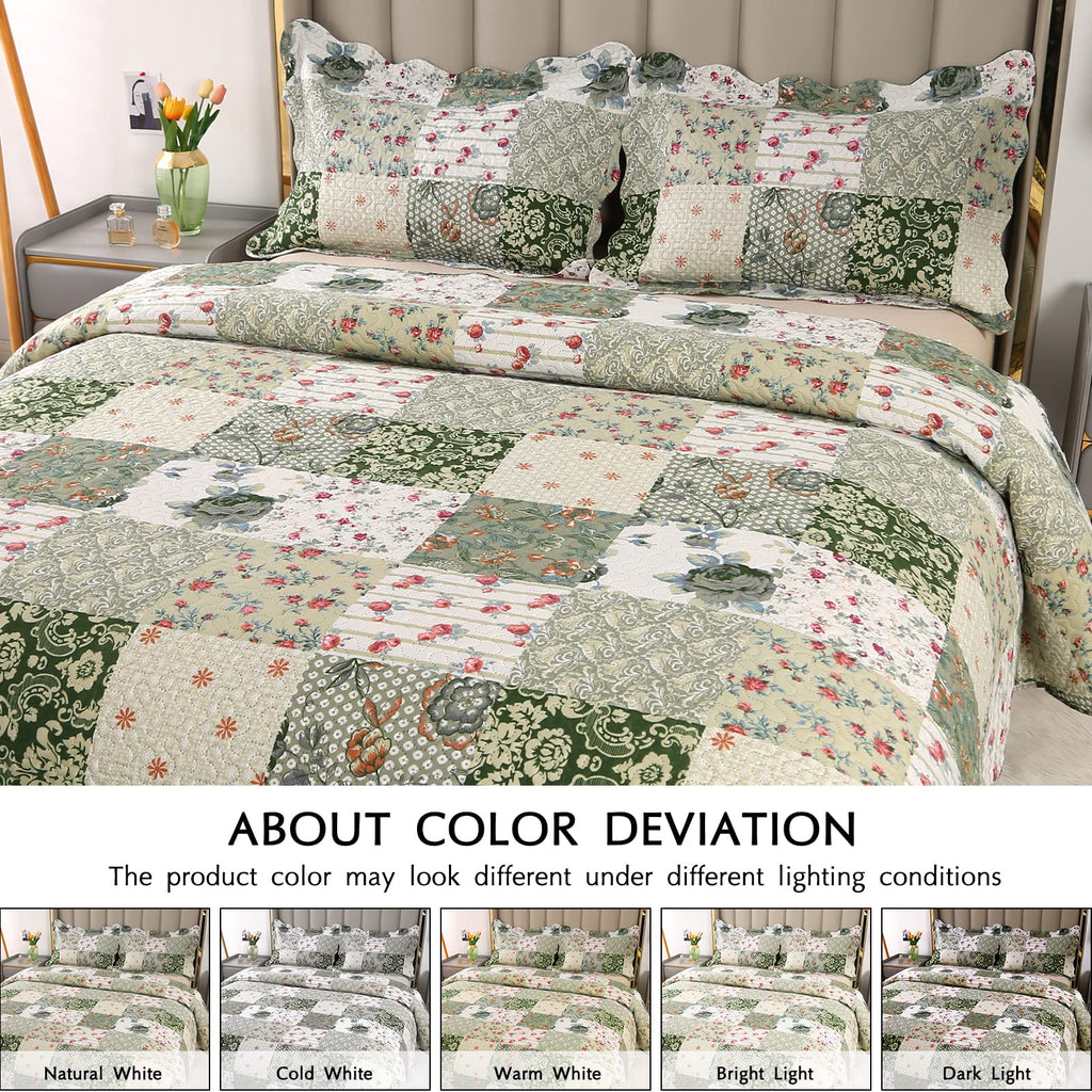 Qucover Green Floral King Bedspread Set | Lightweight Ultrasonic Quilt