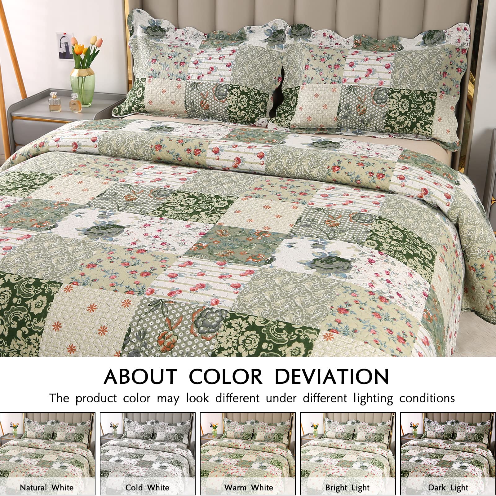 Qucover Green Floral King Bedspread Set | Lightweight Ultrasonic Quilt
