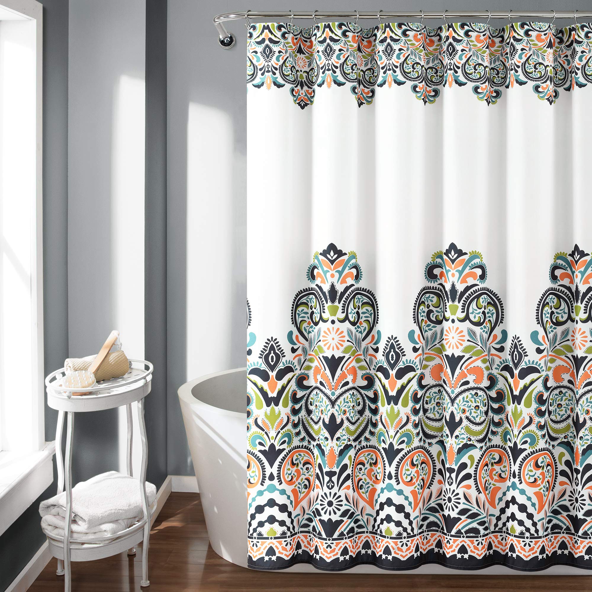 Lush Decor Clara Shower Curtain – Navy & Tangerine Boho Paisley Fabric
