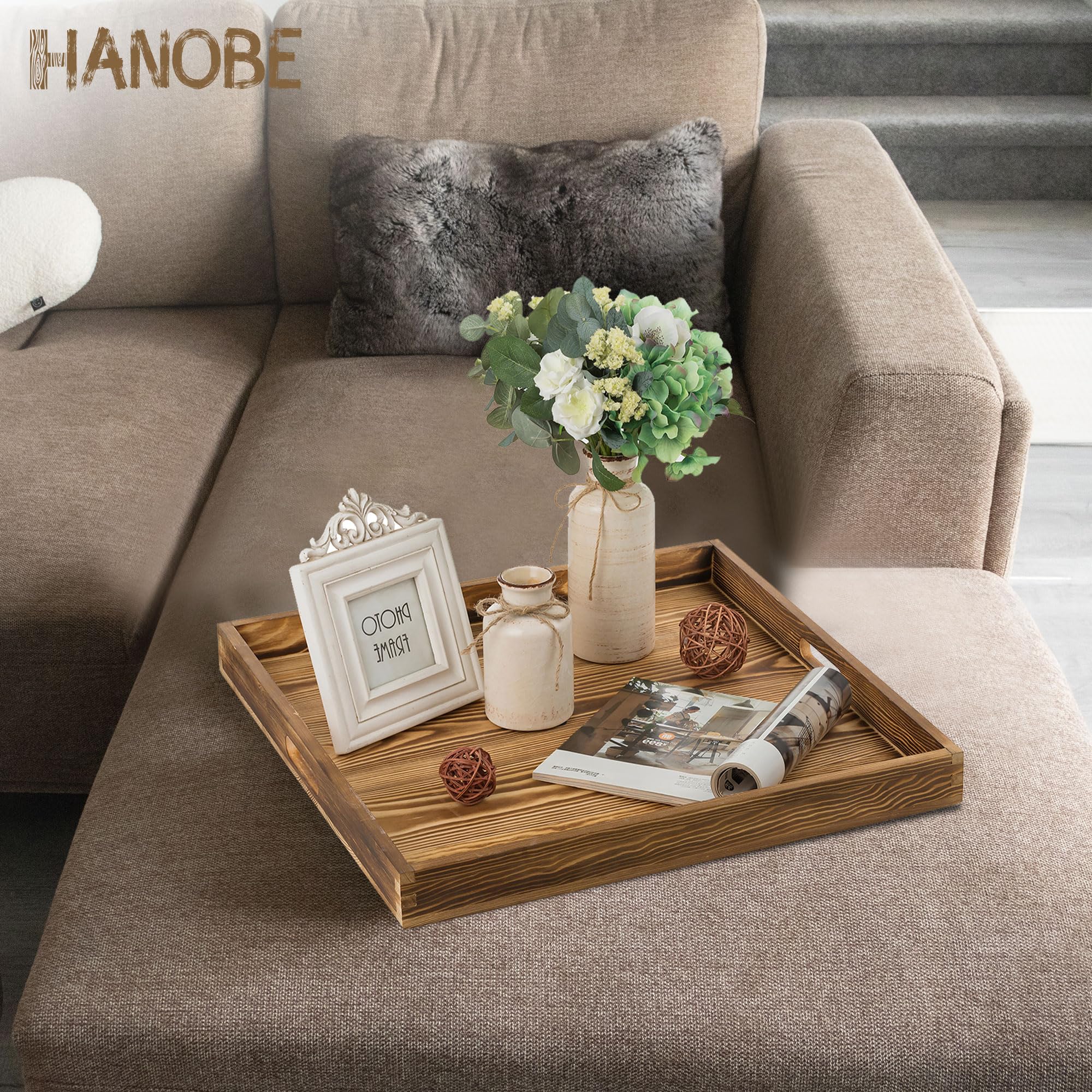 Hanobe Square Large Ottoman Tray – Rustic Wood Serving Tray with Handles