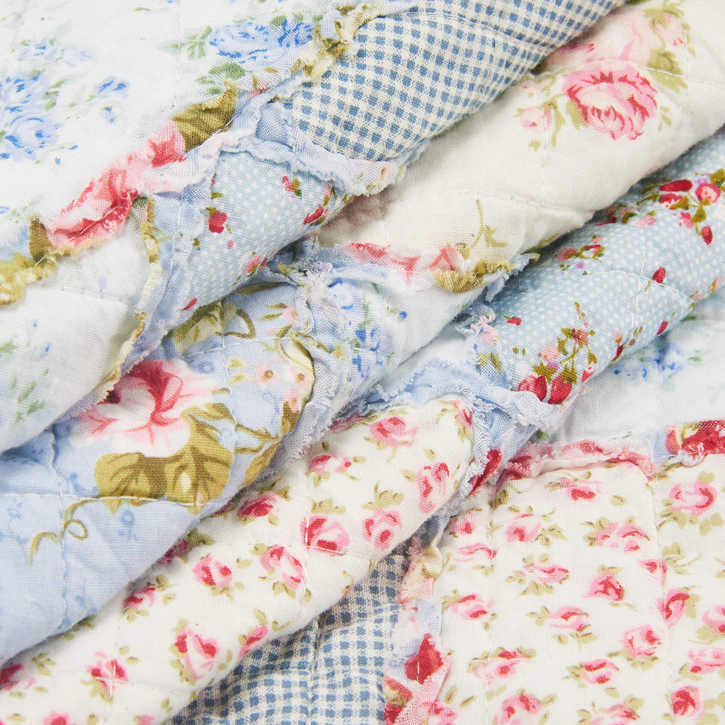 Qucover Single Patchwork Quilt – Blue Floral Cotton Bedspread 150x200cm
