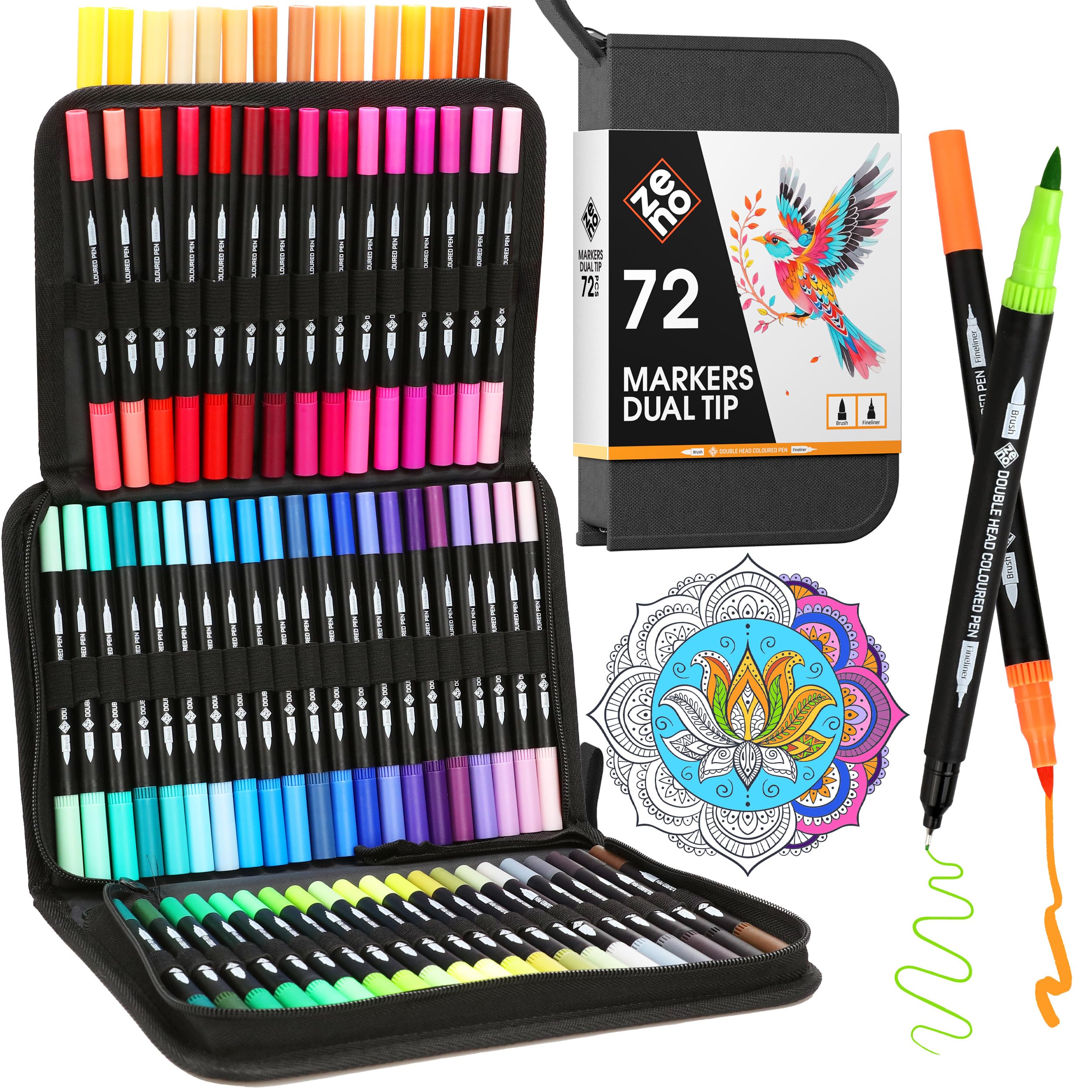ZENO 72 Dual Tip Art Markers - No-Bleed Fine & Brush Tip Pens with Case