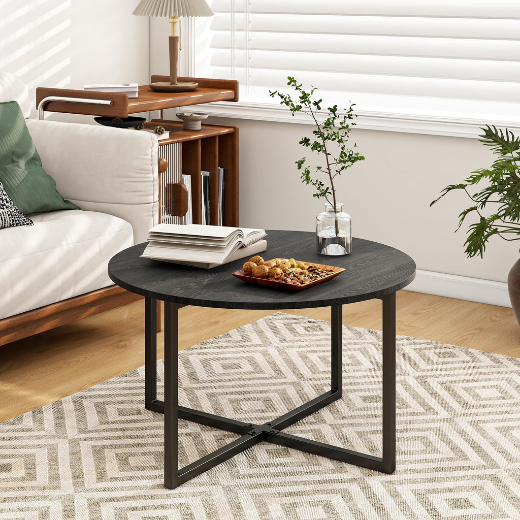 Jolof Store Round Coffee Table – Modern Black Wood and Metal Sofa Table
