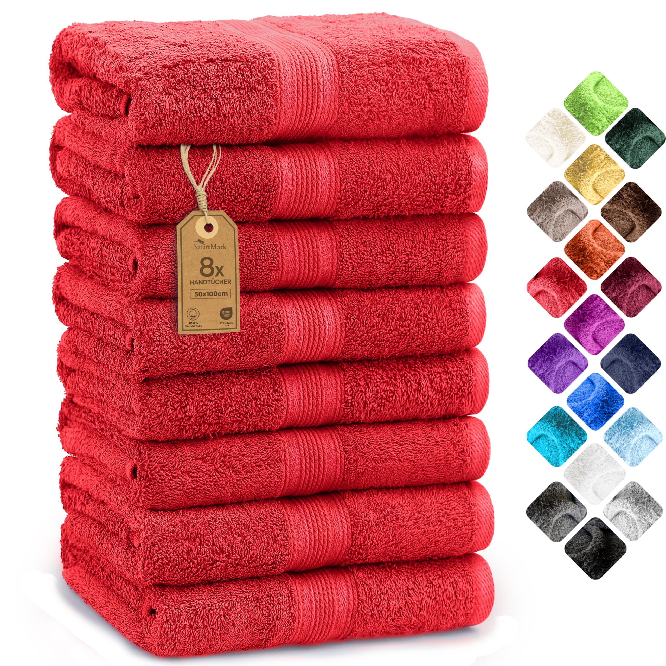 NatureMark Cotton Hand Towels - Pack of 8 - Red - 500 g/m² - 50x100 cm