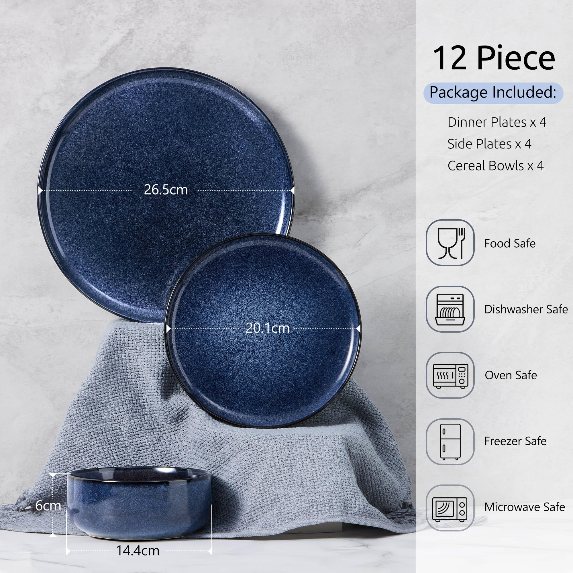 Homikit 12-Piece Stoneware Dinner Set – Reactive Glaze Blue Dinnerware