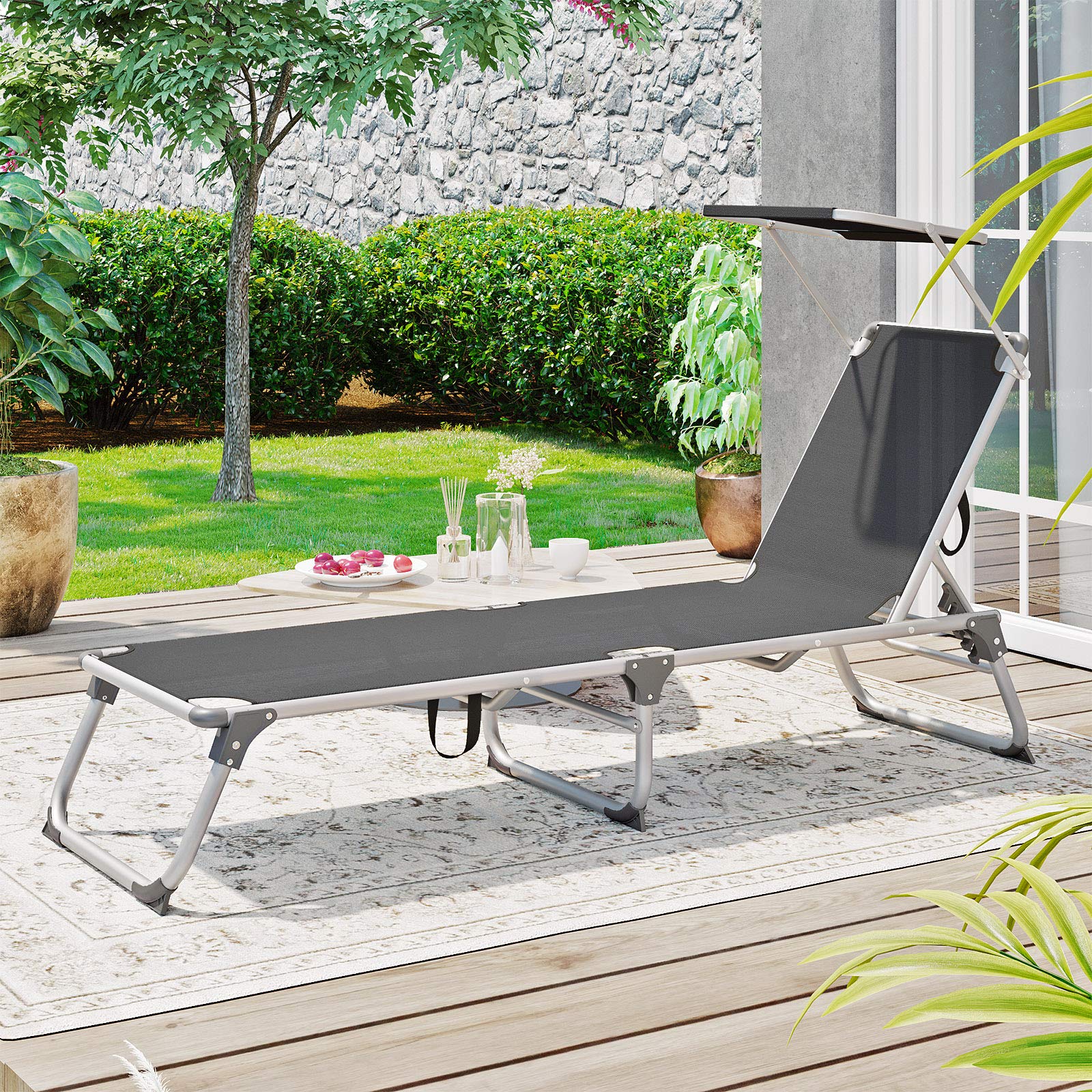SONGMICS Foldable Sun Lounger | Adjustable Sunbed with Sunshade - Dark Grey