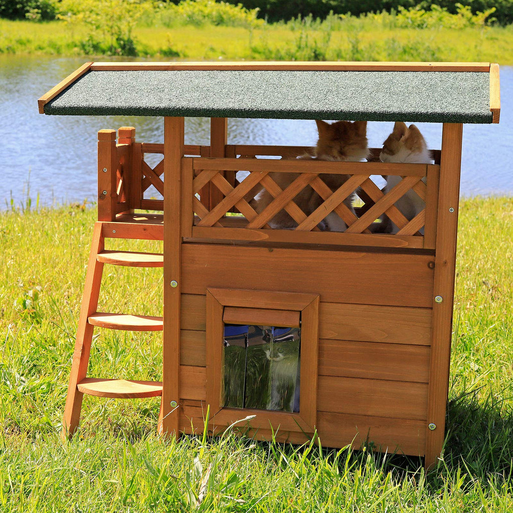 lionto Dibea Wooden Cat House with Terrace and Stairs – 77x50x73 cm