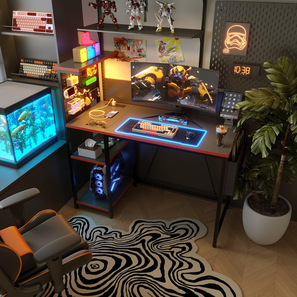 Xyphren Gaming Desk with Pegboard & Power Outlet & LED Light, Small Computer Desk with Reversible Shelves for Corner Home Office Desk, 140 * 50cm - image 5