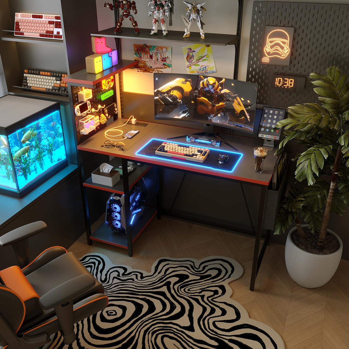 Xyphren Gaming Desk with Pegboard & Power Outlet & LED Light, Small Computer Desk with Reversible Shelves for Corner Home Office Desk, 140 * 50cm - image 5