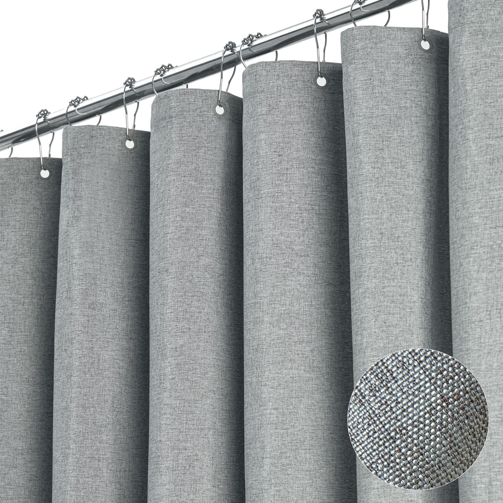 BTTN Grey Shower Curtain – Weighted Linen Textured Waterproof Fabric