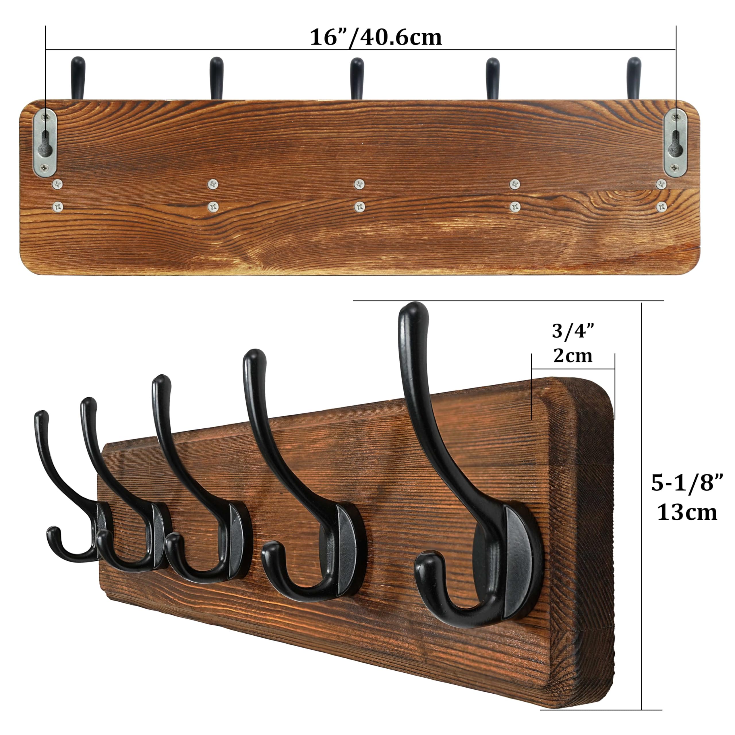 WEBI Rustic Solid Wood Wall Mounted Coat Rack with 5 Hooks - 2 Pack