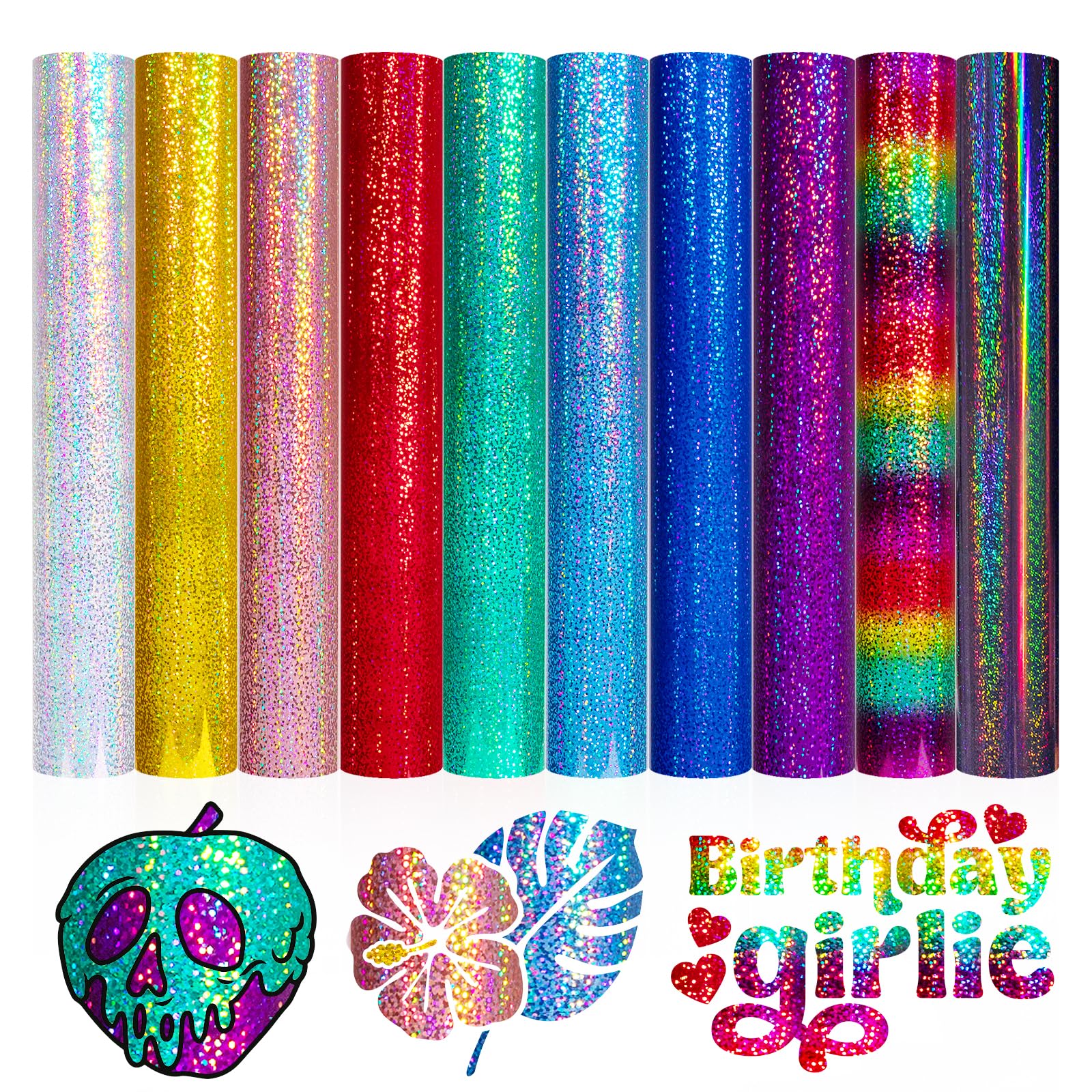 VINYL FROG Holographic Glitter Permanent Vinyl Bundle - 10 Pack, 12x12"