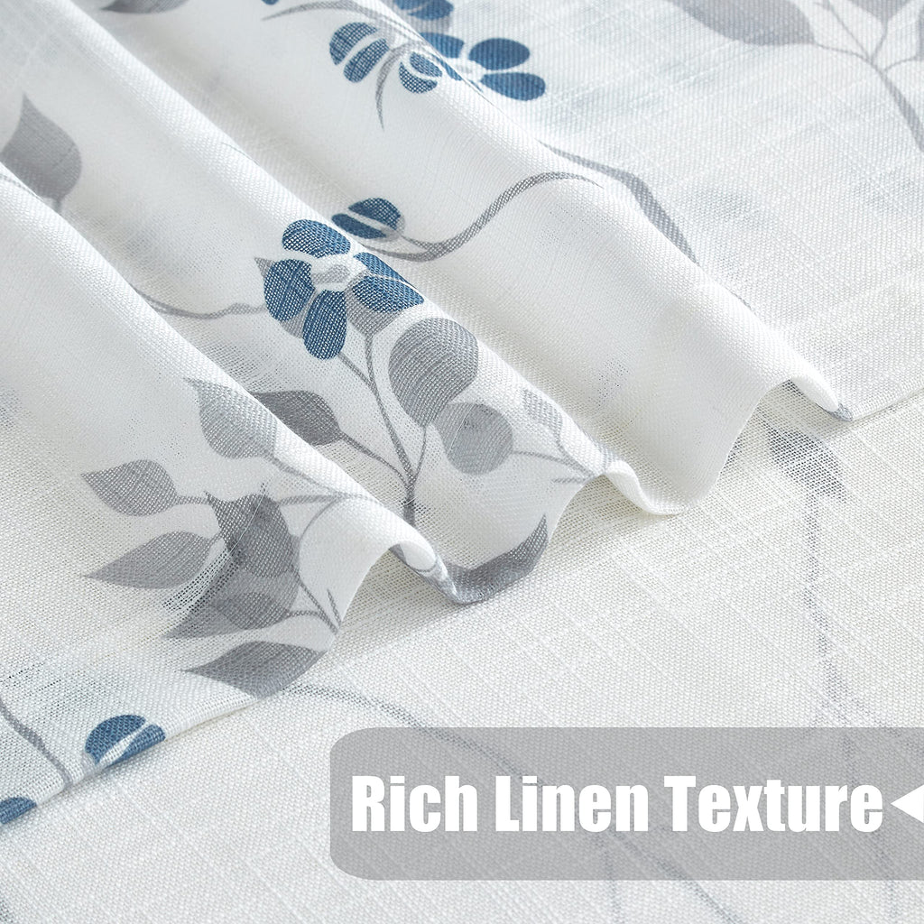 Beauoop Blue Grey Floral Semi Sheer Curtains - Linen Textured 90 Drop