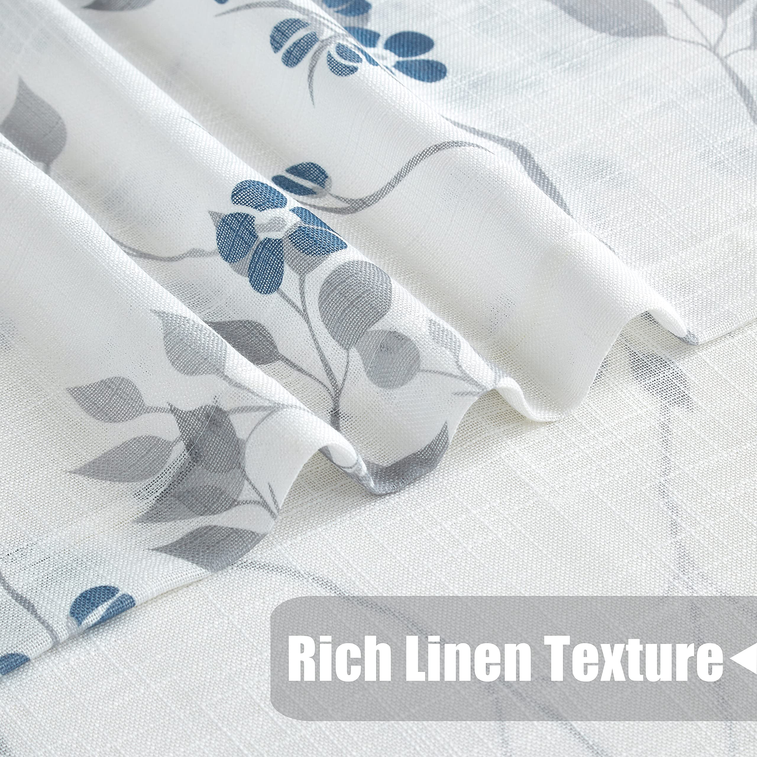 Beauoop Blue Grey Floral Semi Sheer Curtains - Linen Textured 90 Drop