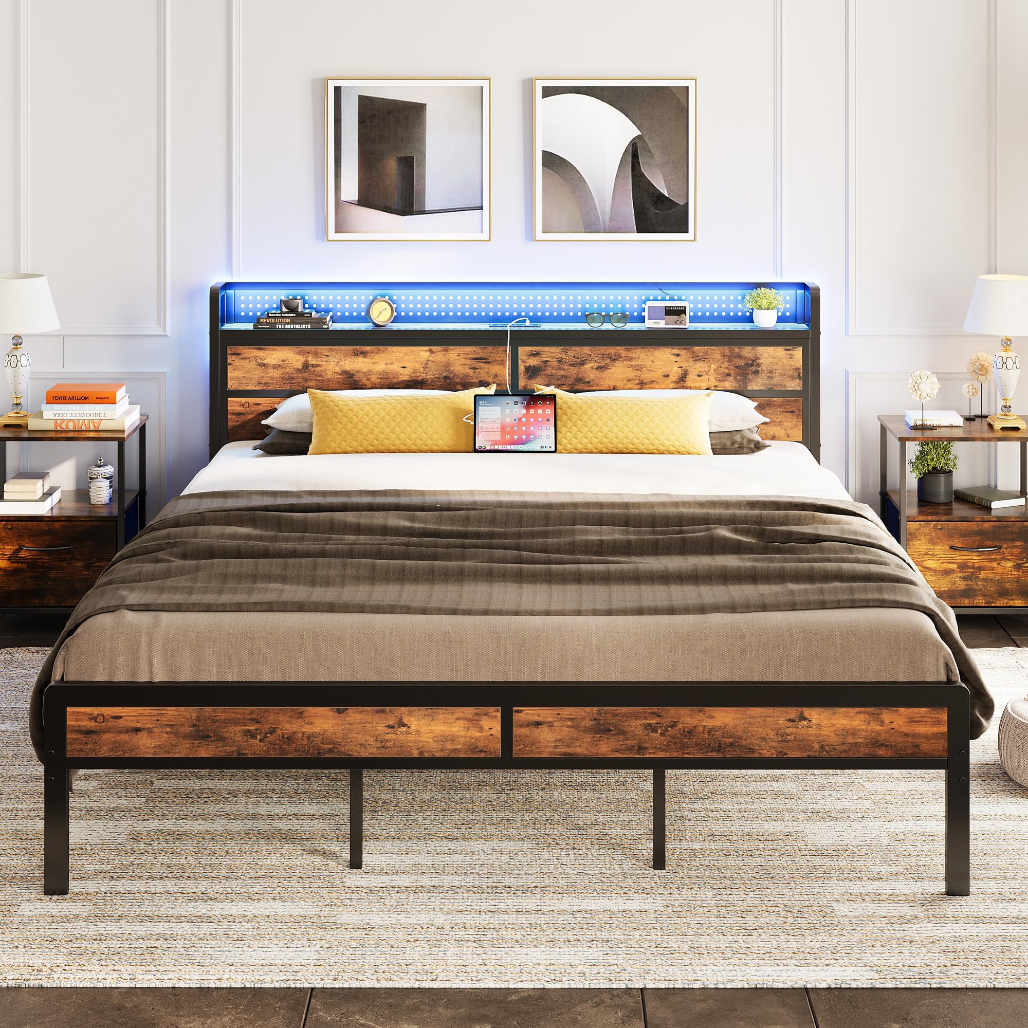 IRONCK Super King Bed Frame with LED Storage Headboard & Charging Station