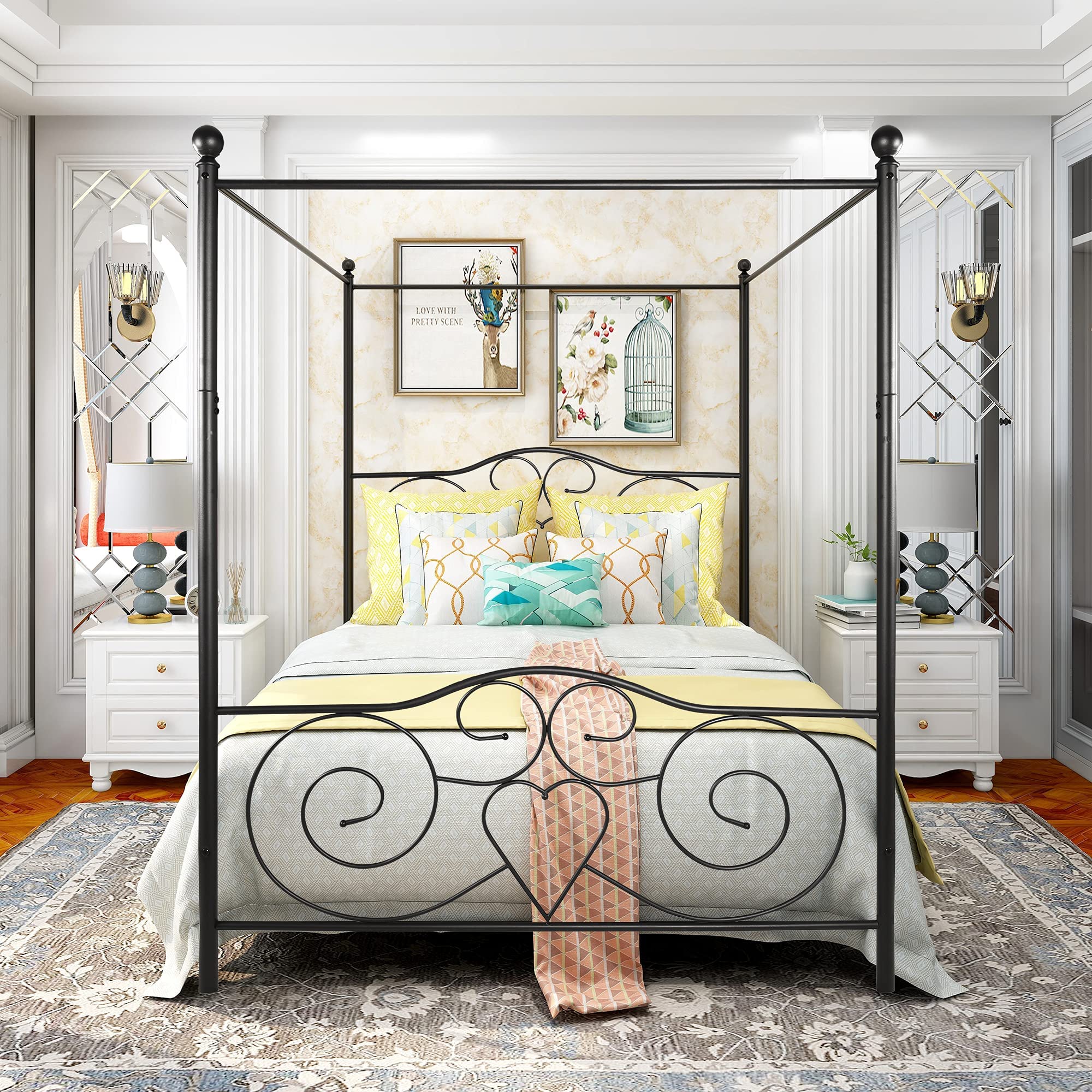 HAHRIR King Canopy Bed Frame | Heavy Duty Metal Platform with Headboard