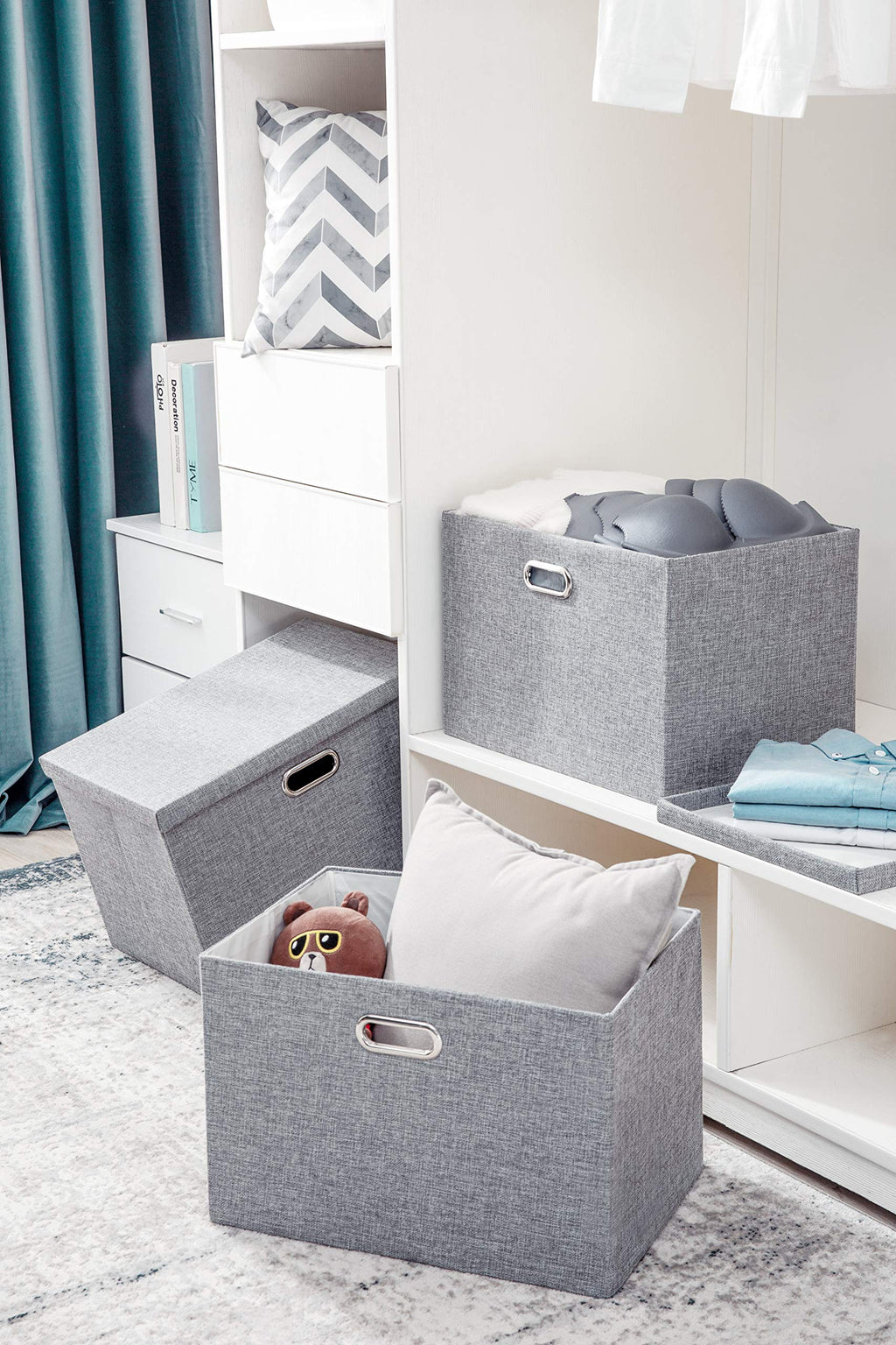 AlphaHome Collapsible Storage Boxes with Lids – 3 Pack Linen Baskets