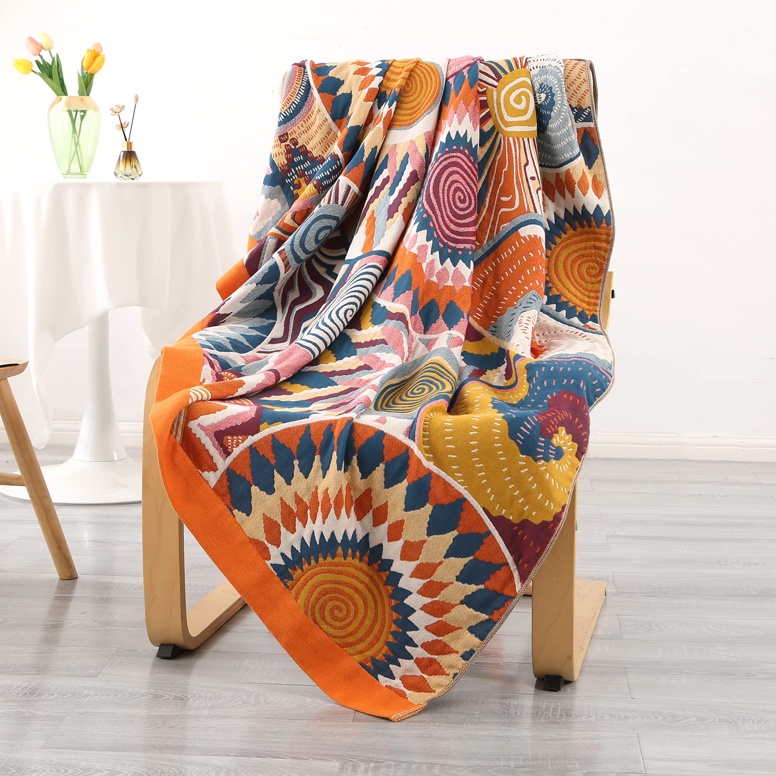 DECMAY Boho Throw Blanket | Large Organic Cotton Ethnic Sofa Cover