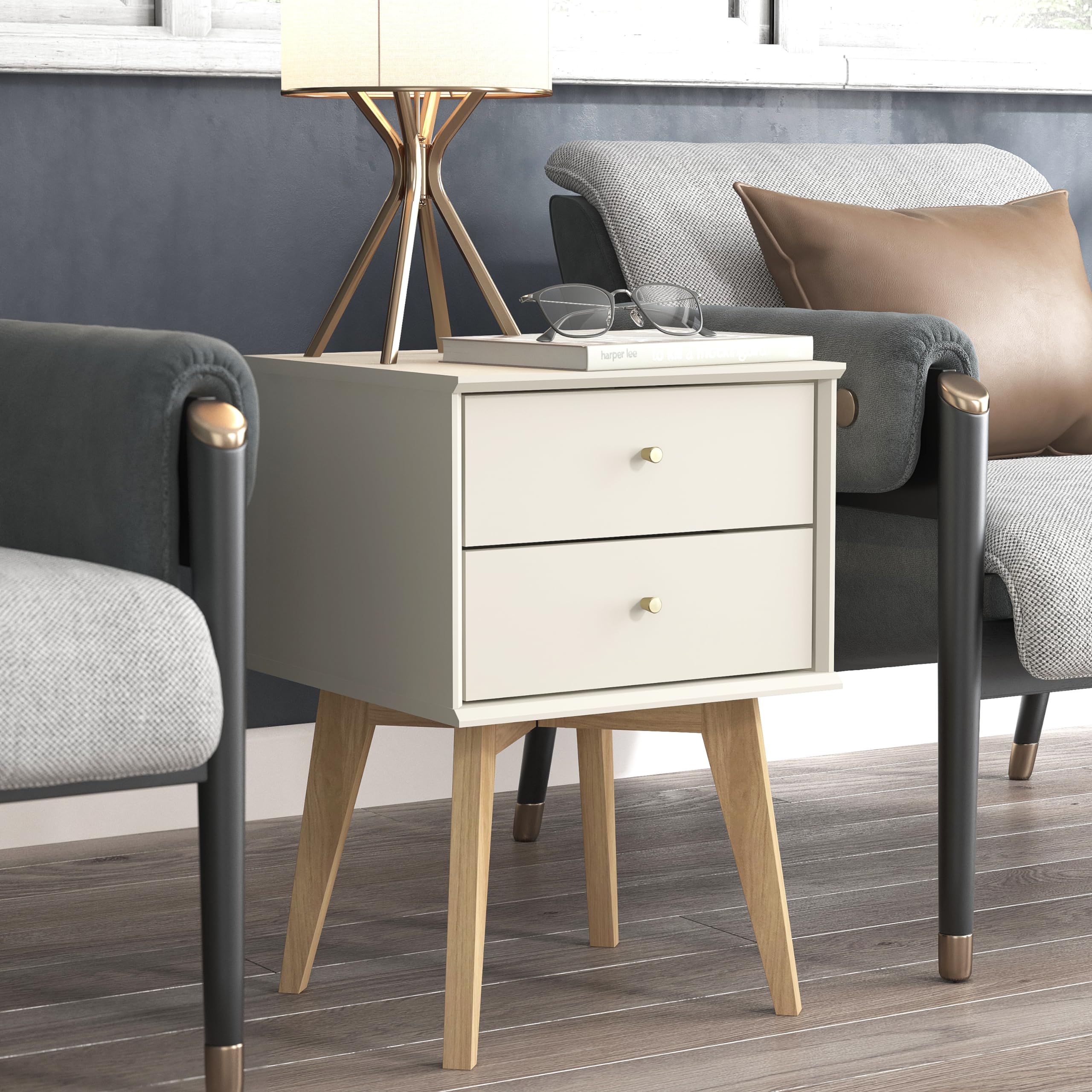 Galano Abby Bedside Table – 2 Drawer Wood Nightstand – Light Grey/Oak