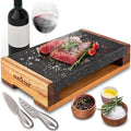 Nutrichef Steak Stone Grill Set – Lava Rock Sizzling Plate with Acacia Wood