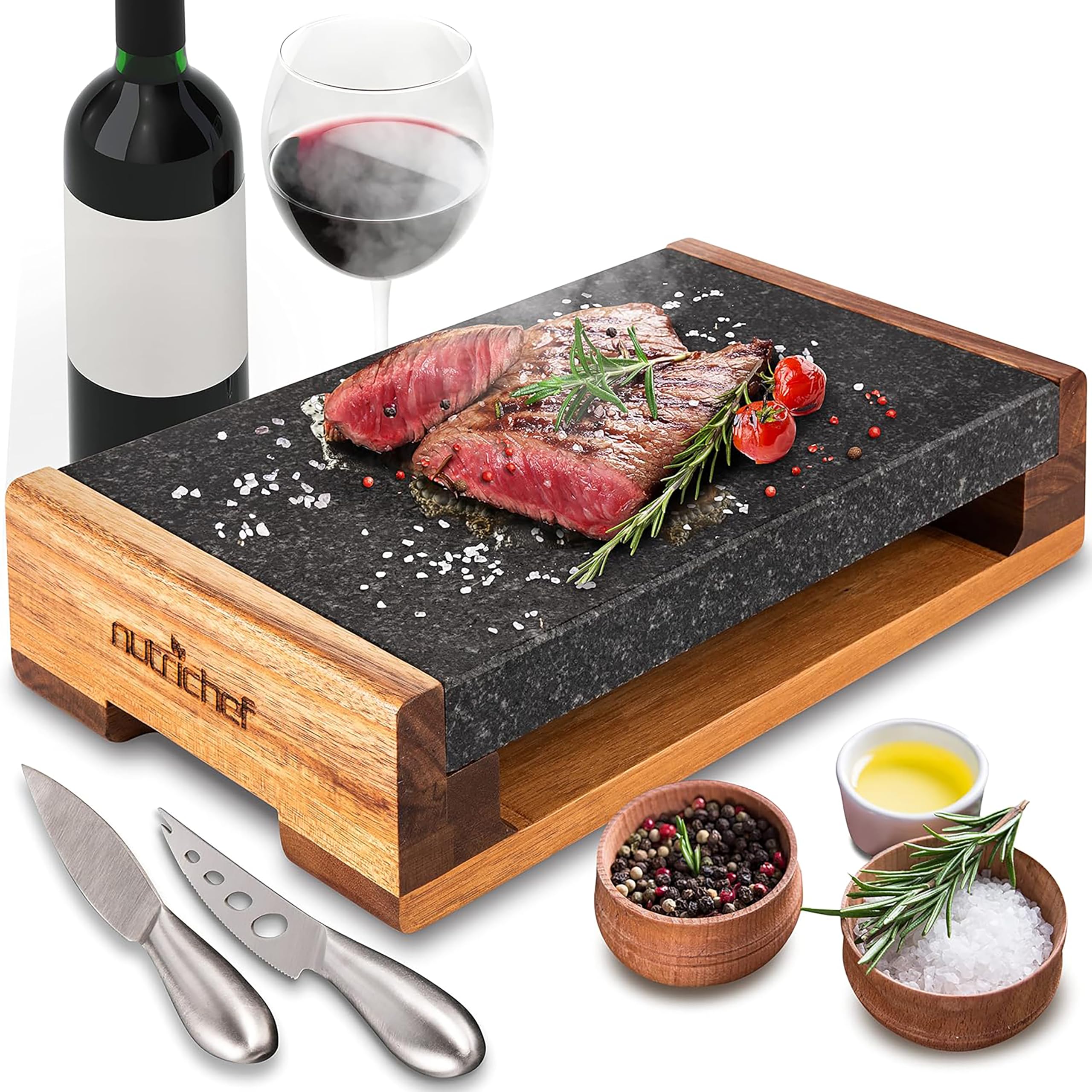 Nutrichef Steak Stone Grill Set – Lava Rock Sizzling Plate with Acacia Wood