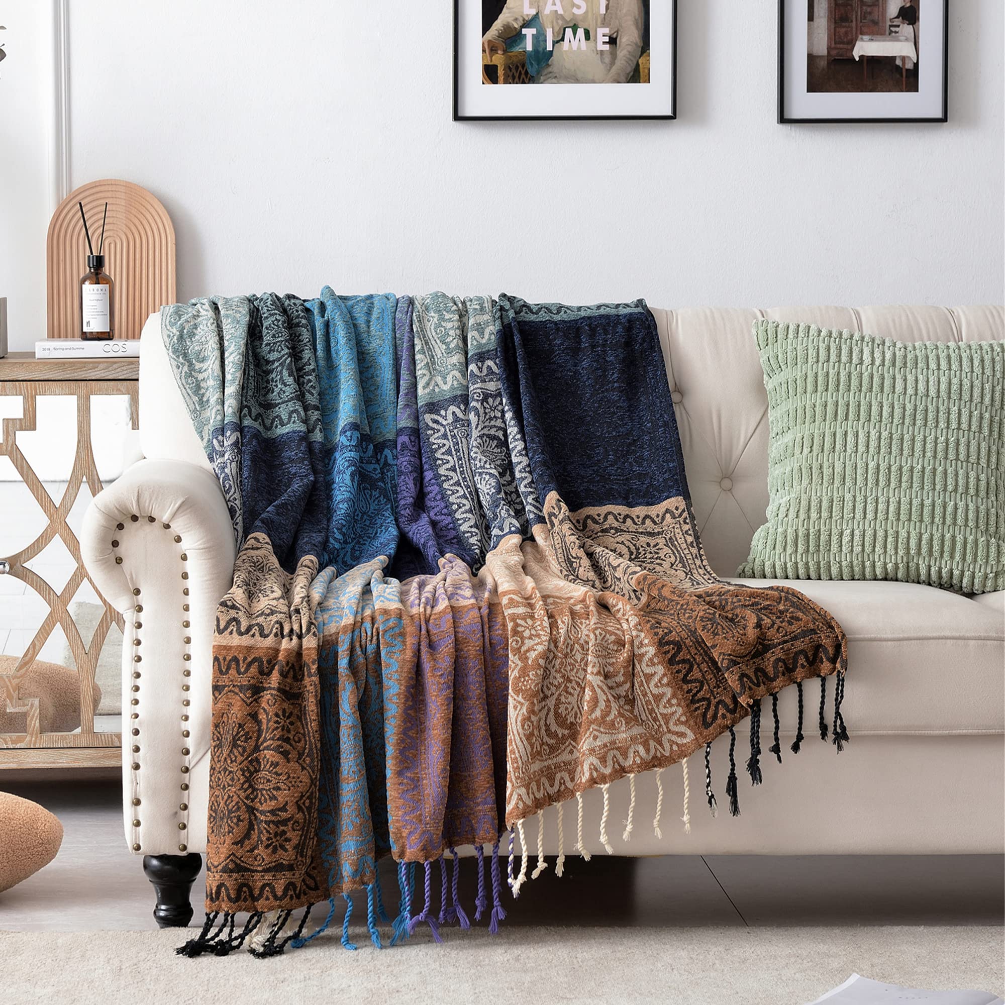 Edcooy Boho Chenille Throw Blanket – Colorful Tassel Sofa & Chair Cover