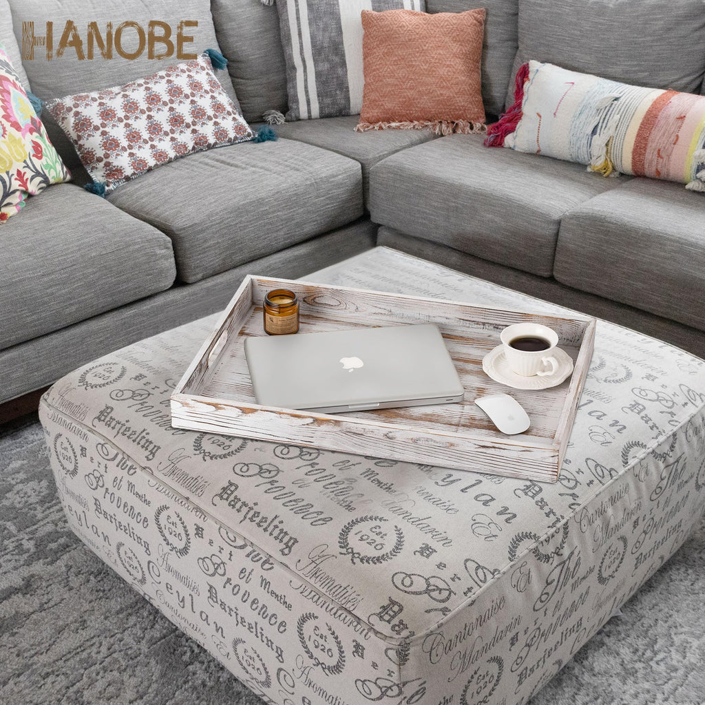 Hanobe Extra Large Wood Ottoman Tray | Rustic White Serving Tray with Handles