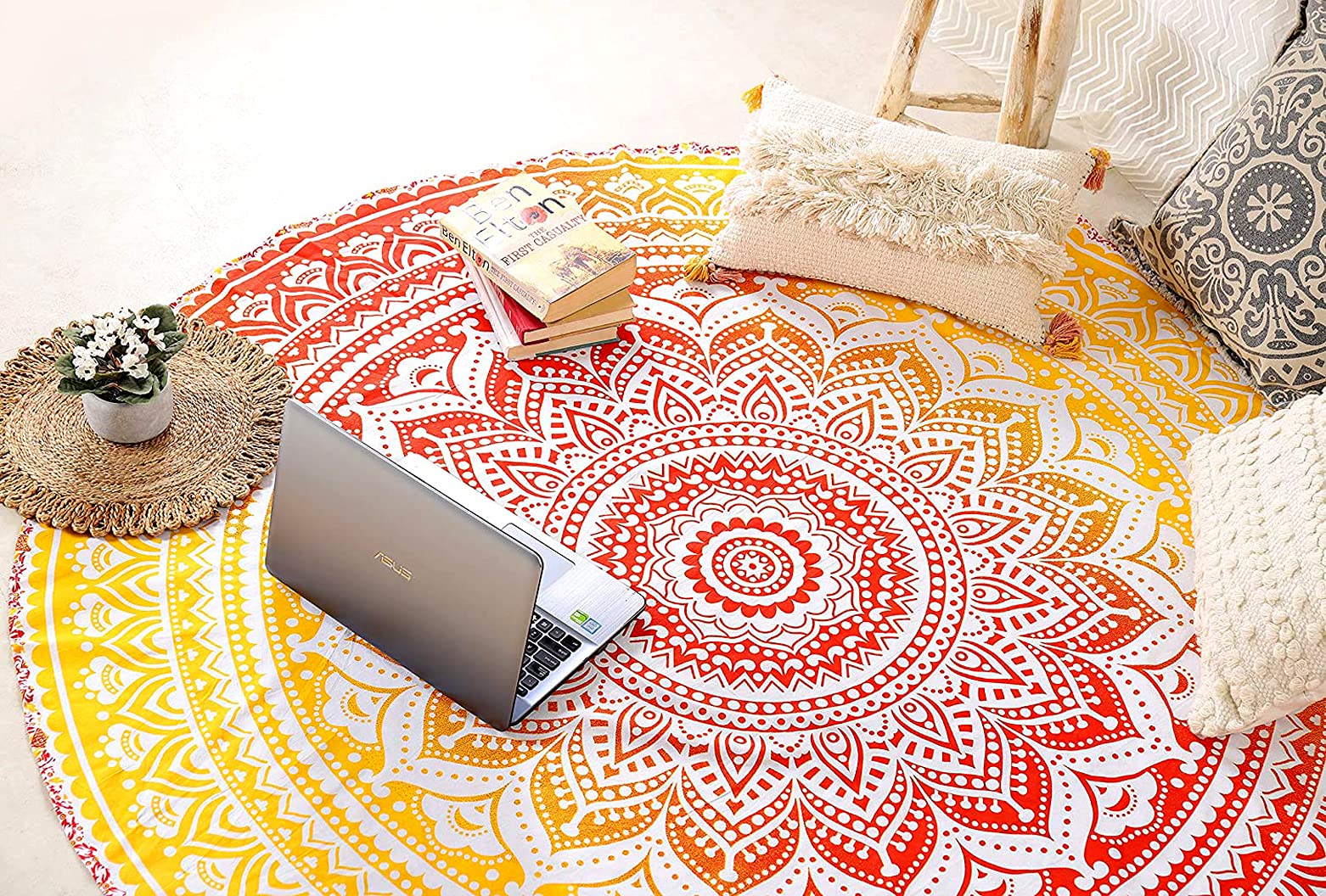 Raajsee Orange Mandala Round Beach Tapestry – 50" Cotton Boho Blanket