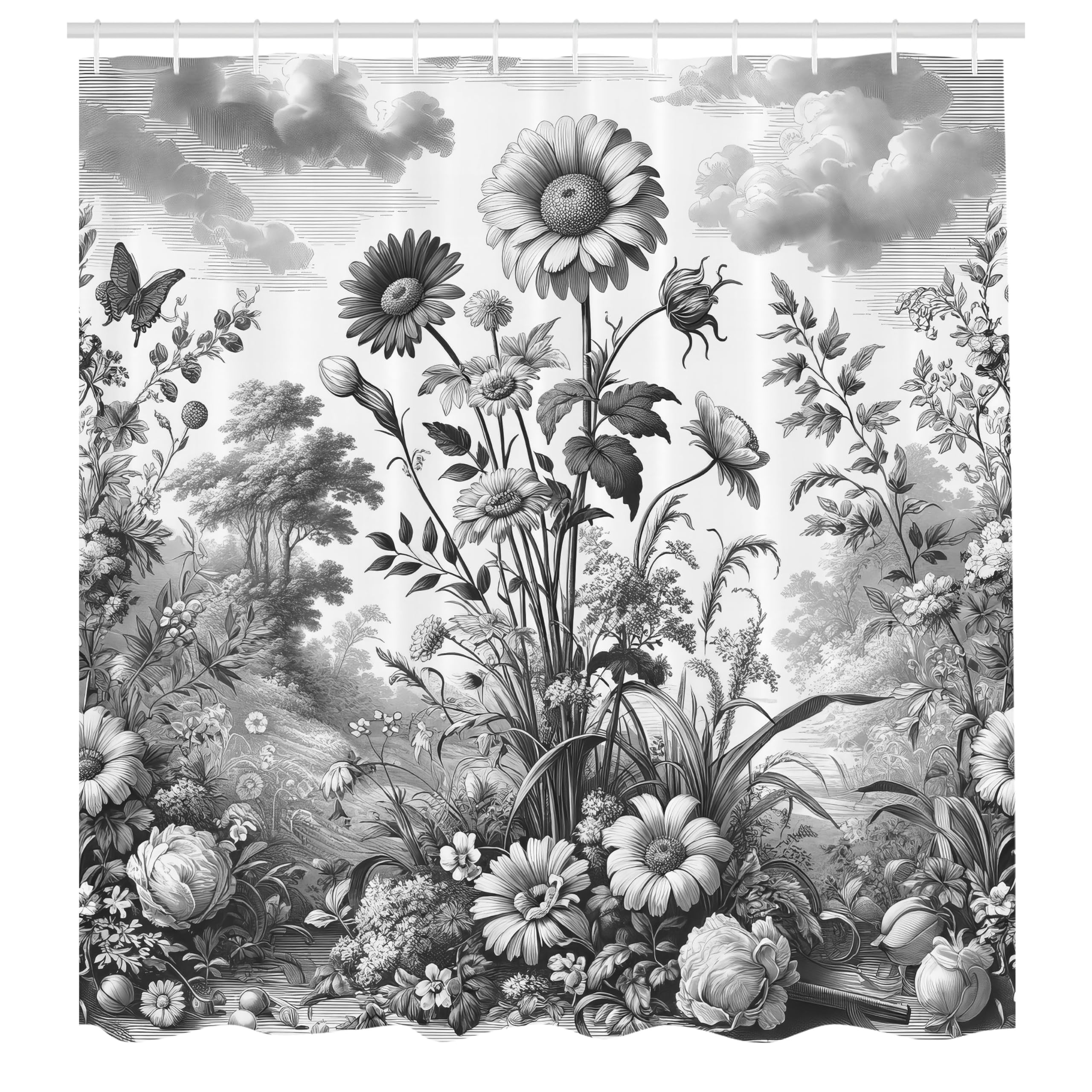 Abakuhaus Fabric Shower Curtain | Grey Sunflower Waterproof Decor | 175x200cm