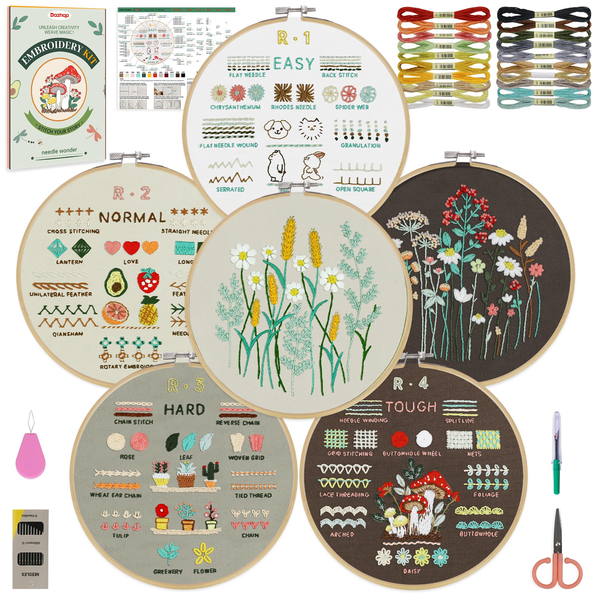 Dazhqp 6-Pack Embroidery Kit for Beginners | 38 Stitches & Video Guide