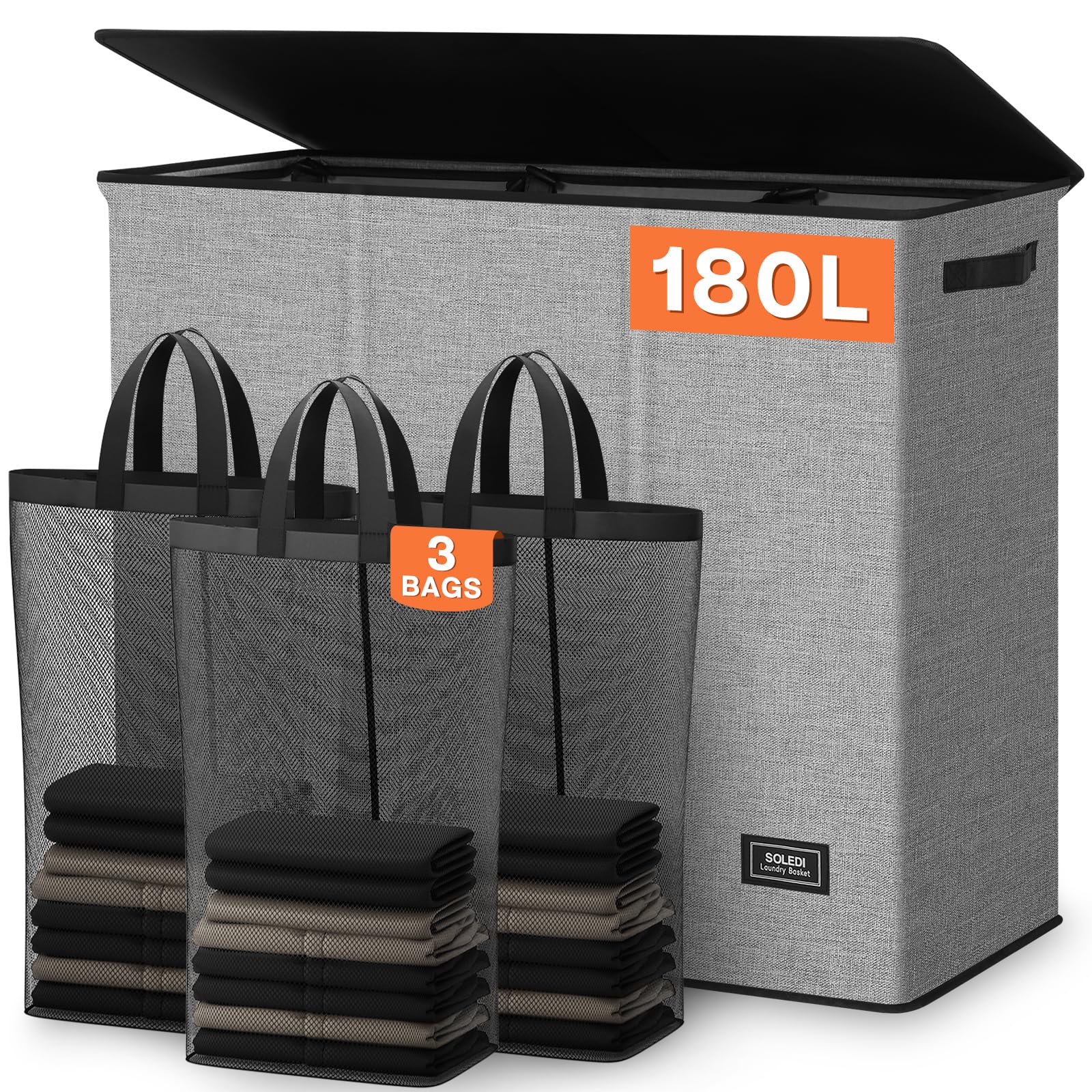 SOLEDI 180L Laundry Basket | 3 Section Large Hamper with Lid & Handles