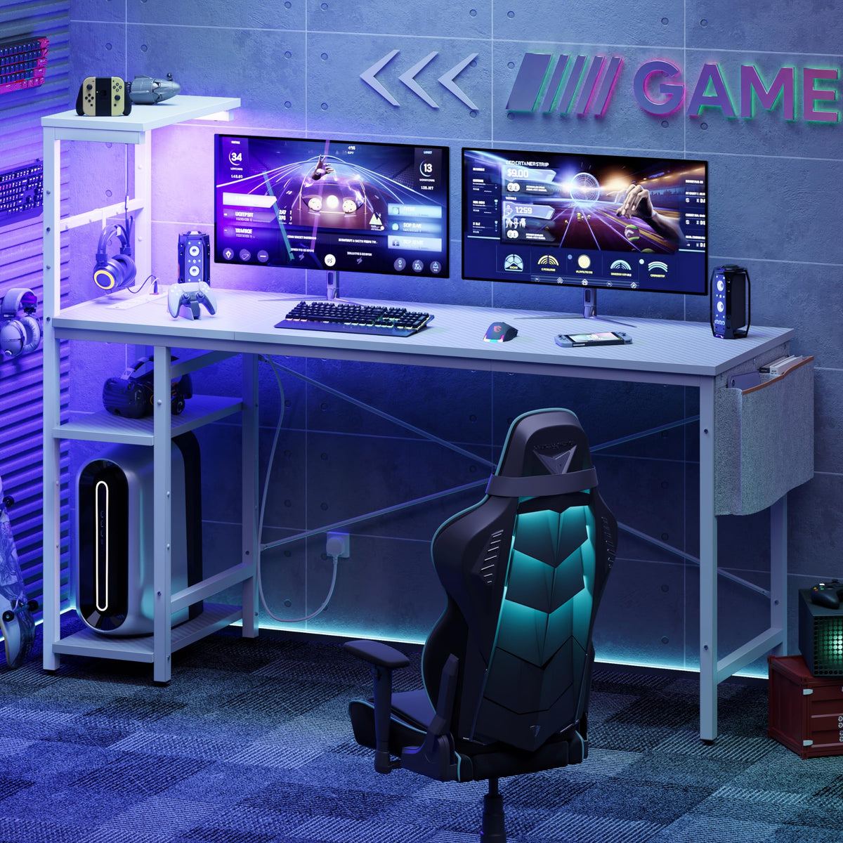 Bestier 155CM Corner Desk with Power Outlets Large Computer Desk with LED Lights Reversible Writing Table with Side Pocket Storage Bag & Accessories - image 2