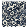 Abakuhaus Floral Fabric Shower Curtain | Navy Blue Waterproof Decor Set