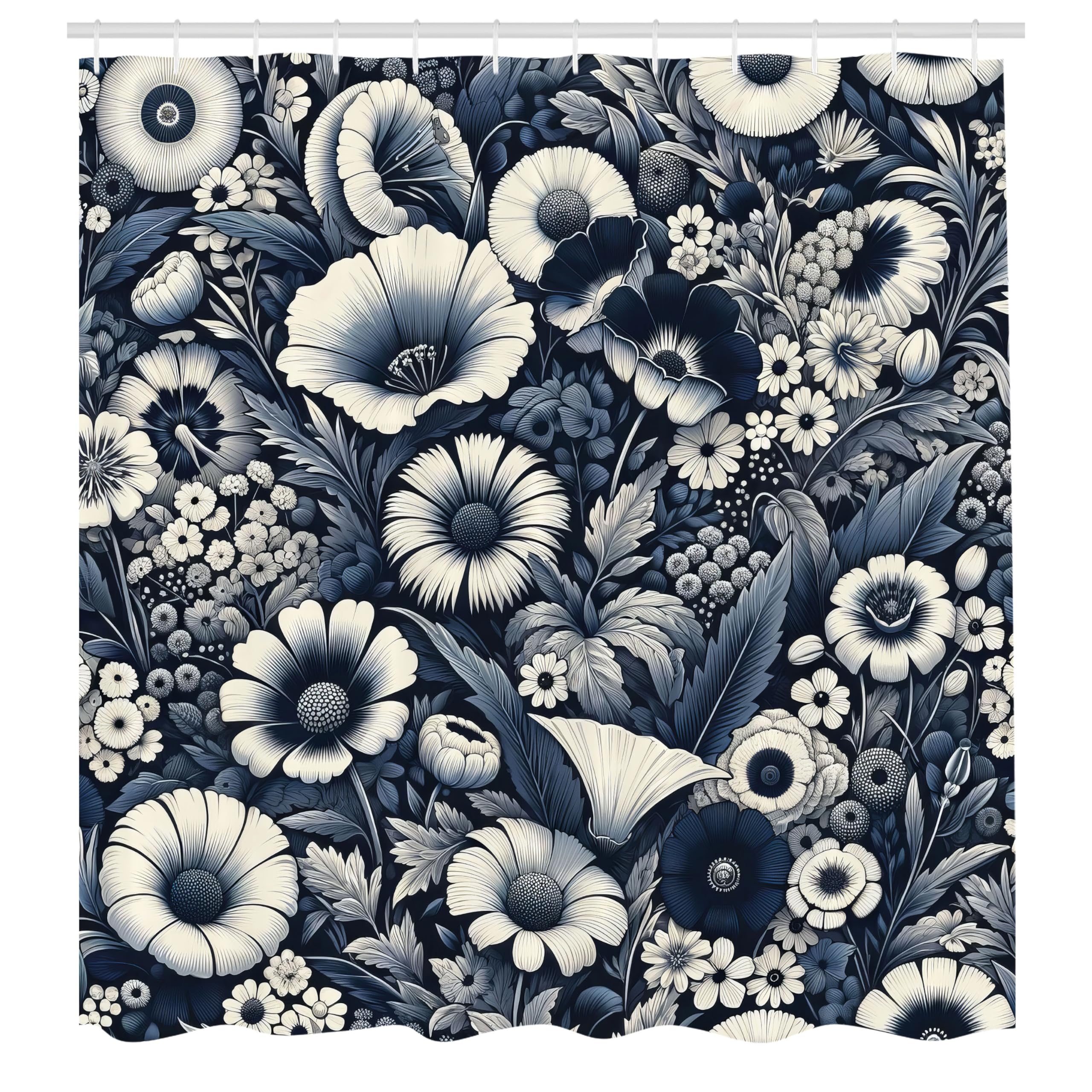 Abakuhaus Floral Fabric Shower Curtain | Navy Blue Waterproof Decor Set