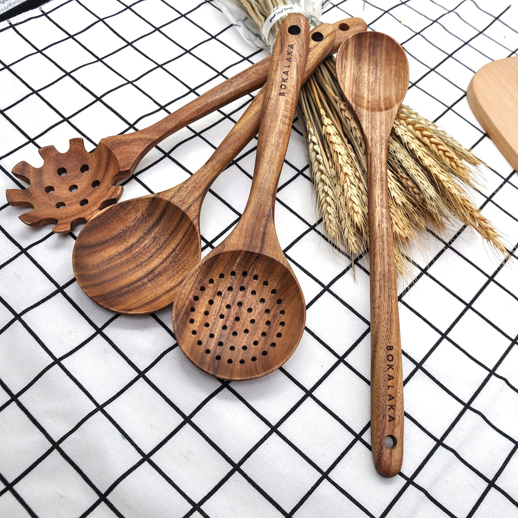 BOKALAKA 11 Pcs Natural Teak Wooden Kitchen Utensils Set for Nonstick Pans