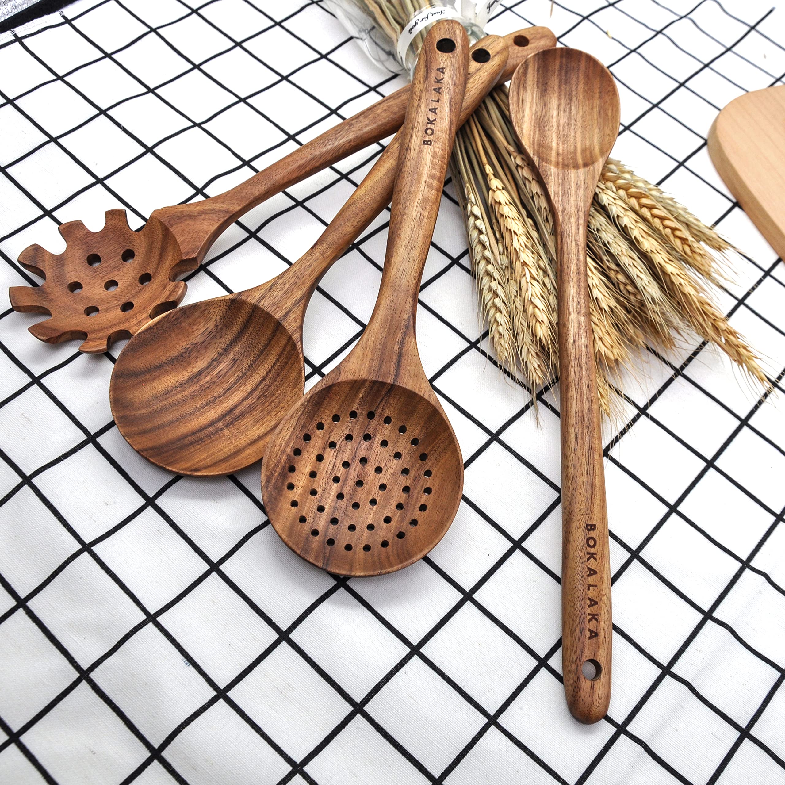 BOKALAKA 11 Pcs Natural Teak Wooden Kitchen Utensils Set for Nonstick Pans