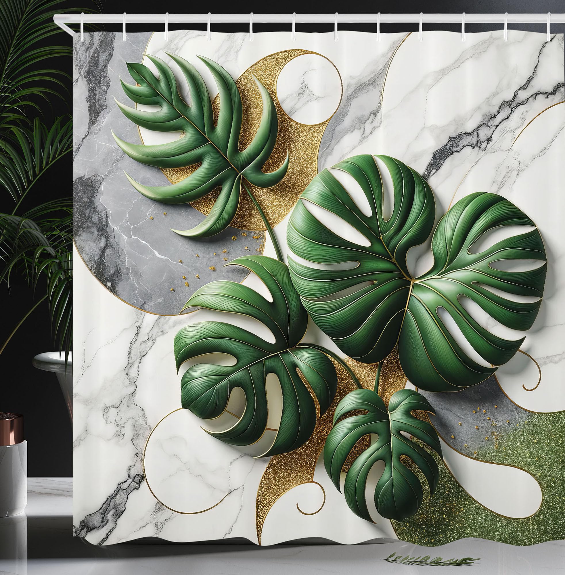 Abakuhaus Monstera Shower Curtain | Marble Boho Fabric Decor | 175x200cm