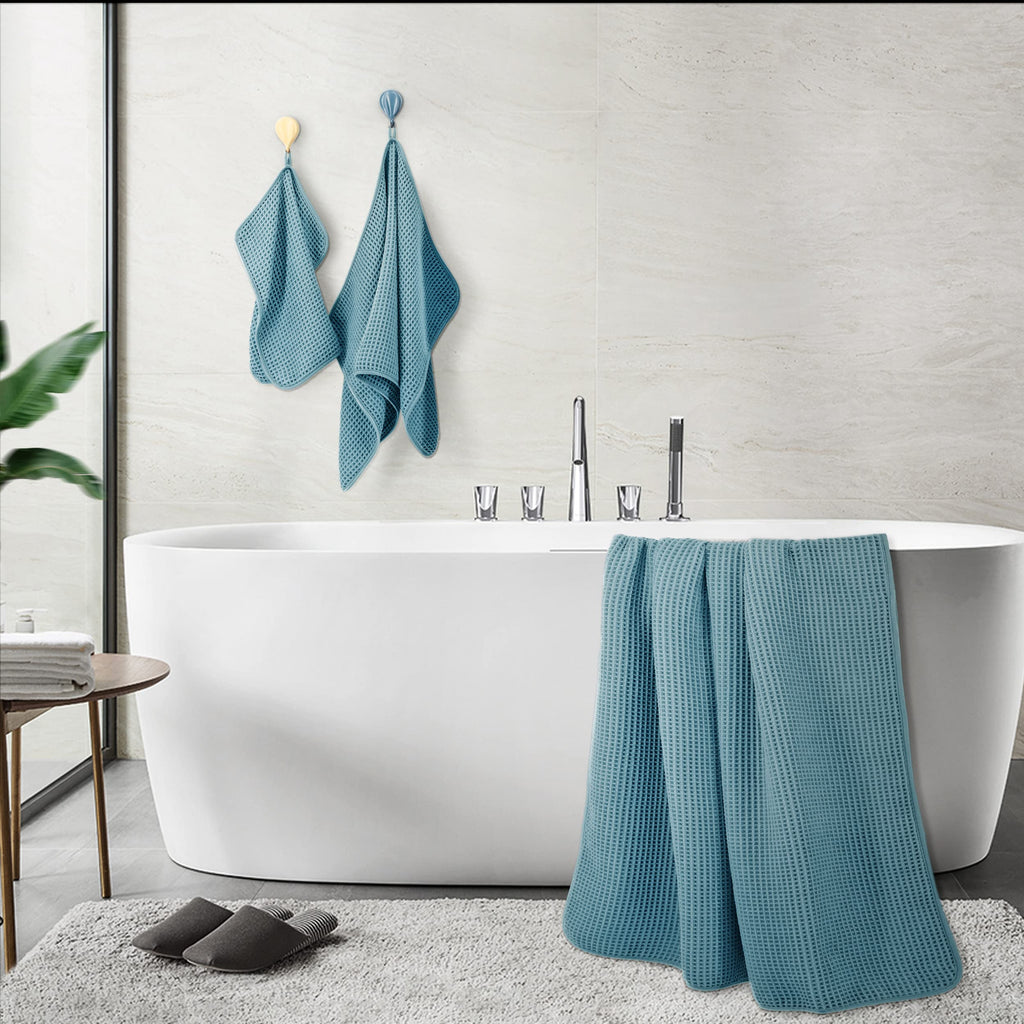 Polyte Microfiber Bath Towel Set - 6 Piece Quick Dry Waffle Weave - Green