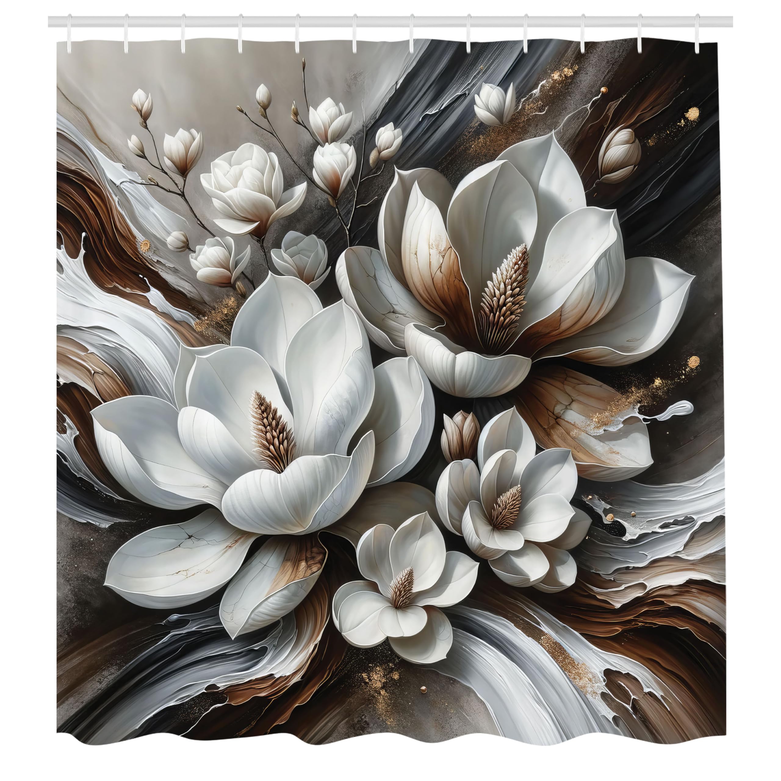 ABAKUHAUS Brown Magnolia Watercolor Shower Curtain with Hooks
