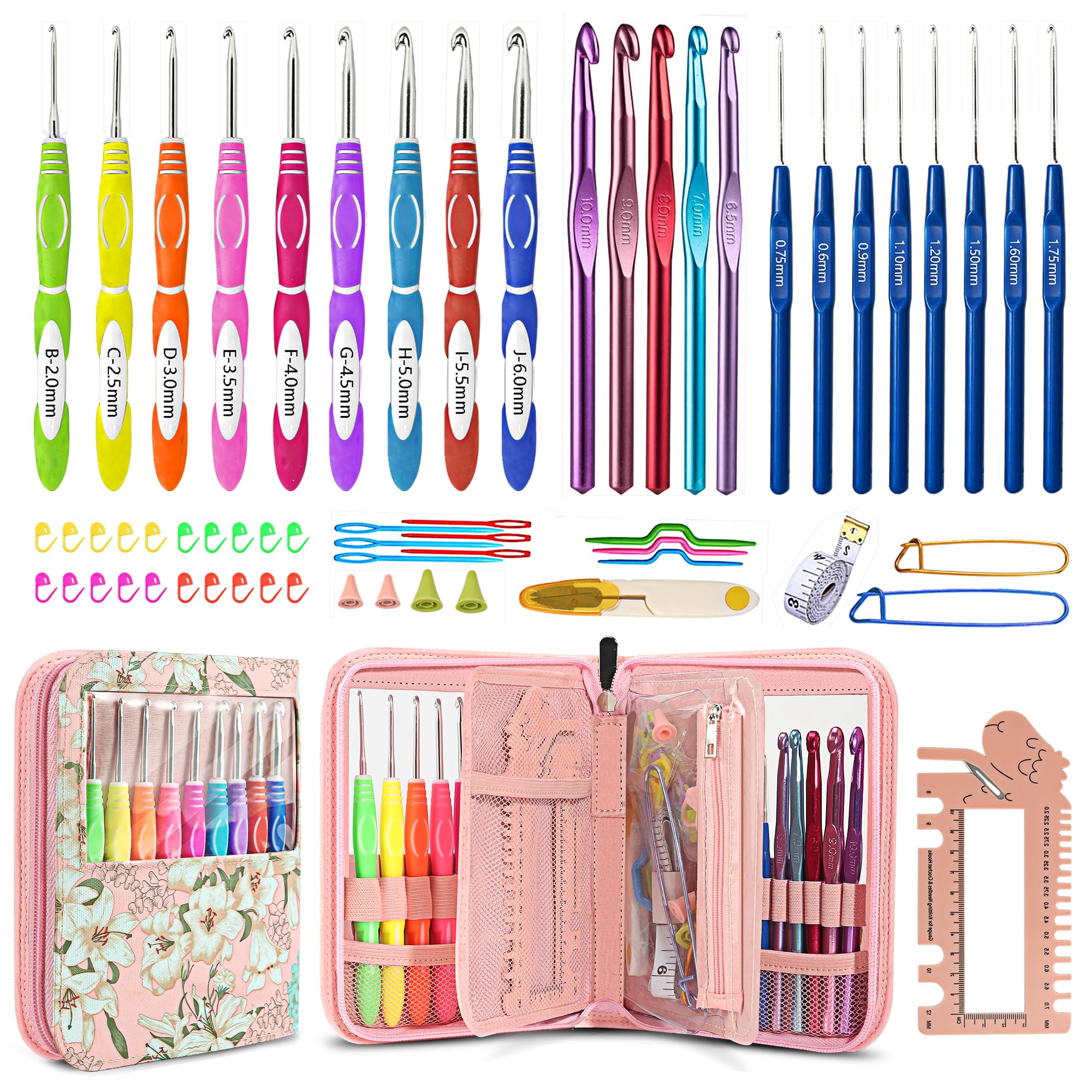 61Pcs Ergonomic Crochet Hooks Set with Case - Pink