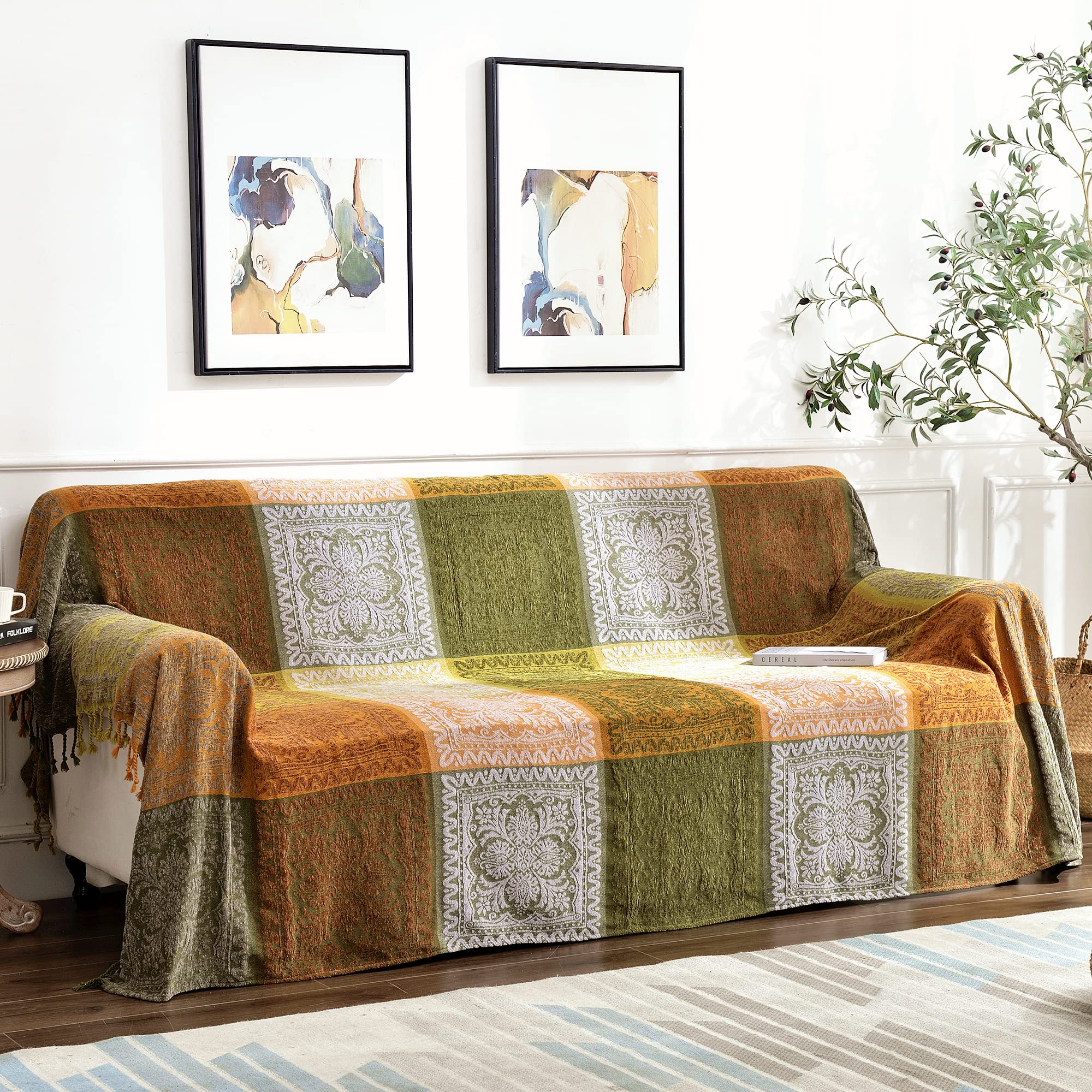 Edcooy Bohemian Chenille Throw Blanket with Tassels for Sofa – Green
