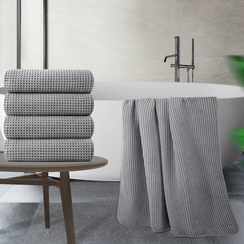 Polyte Microfibre Bath Towels – Quick Dry Waffle Weave, 4 Pack, Grey